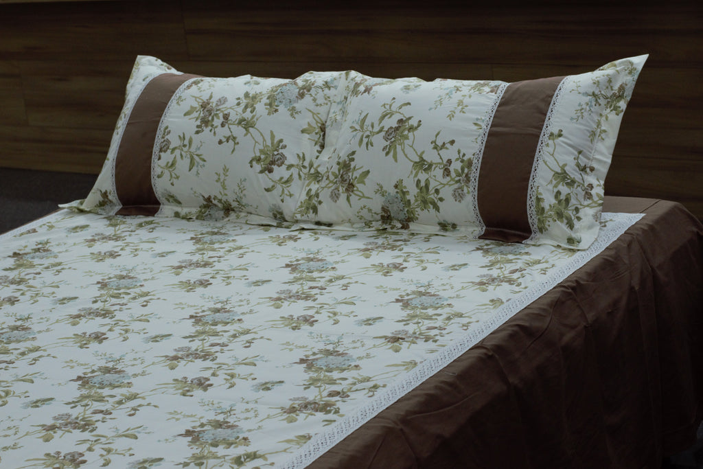 Premium Floral Cotton Bedspread Set with 2 Pillow Covers | Lace Border | King Size 96 x 104 Inches
