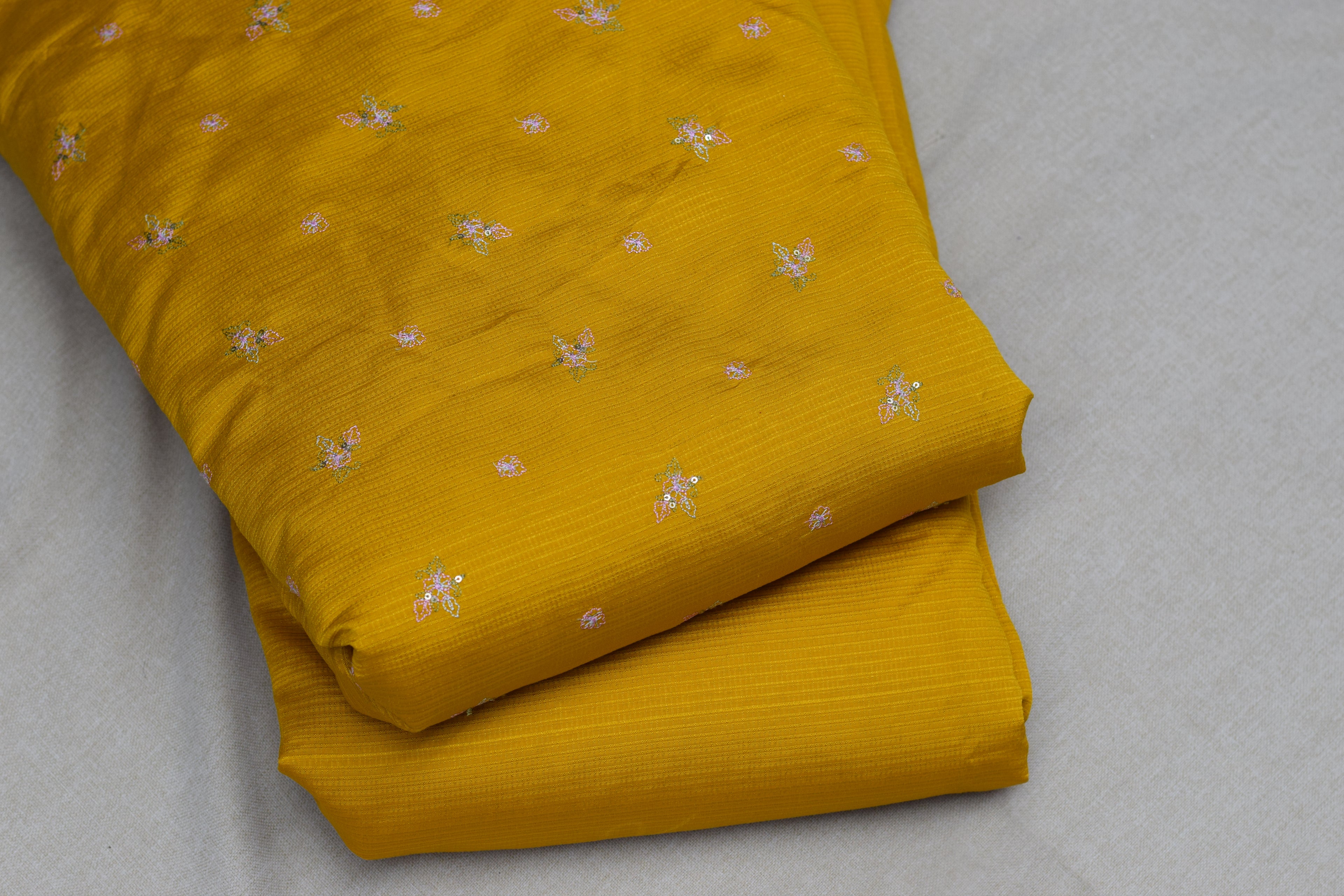 Golden Mustard Berlin Silk Dress Material Set with Delicate Floral Weaving