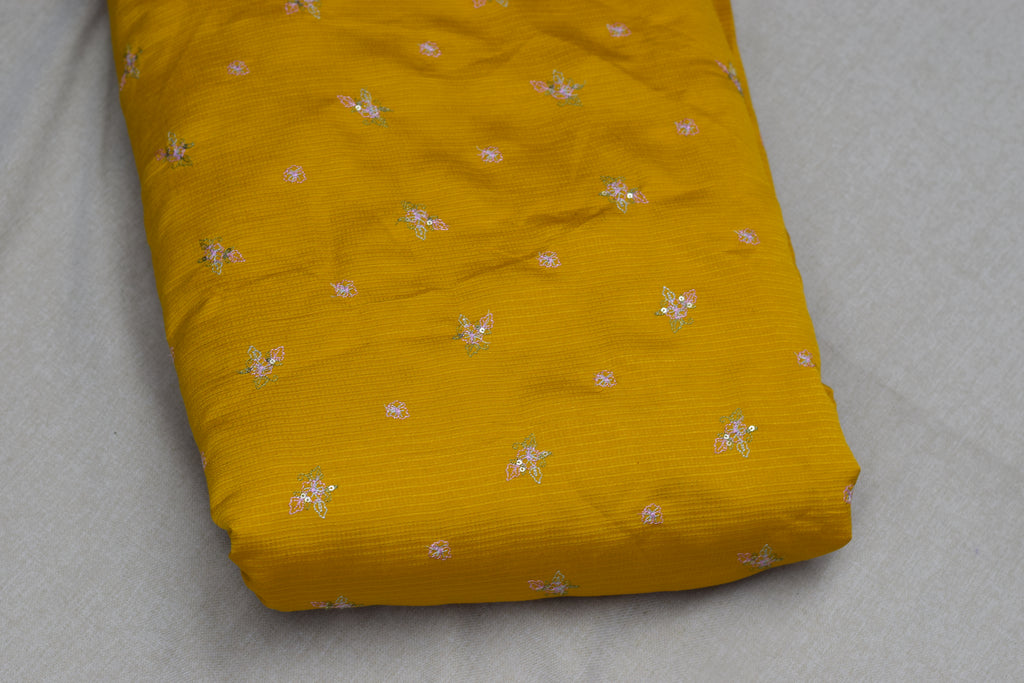 Golden Mustard Berlin Silk Dress Material Set with Delicate Floral Weaving