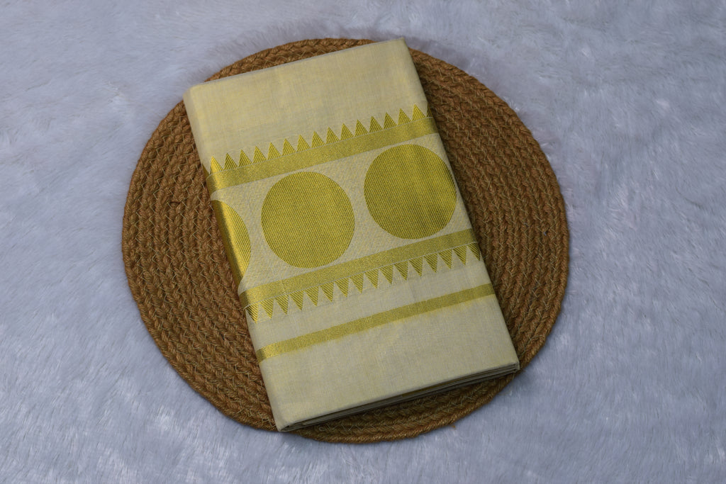Cream Kerala Tissue Saree with Olive Gold Circle Zari Border - View 2 - Nushio