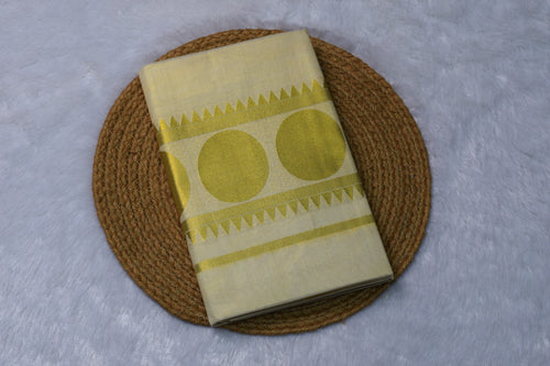 Cream Kerala Tissue Saree with Olive Gold Circle Zari Border - View 2 - Nushio