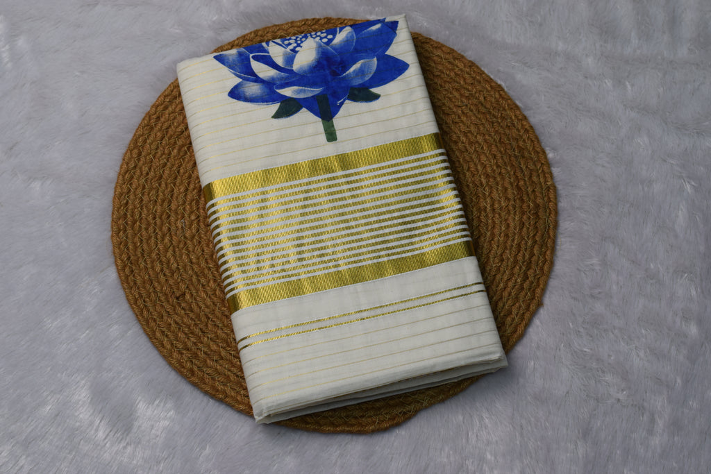 Kerala Kasavu Set Saree with Blue Floral Print & Golden Border - Main Product Image - Floral - Nushio