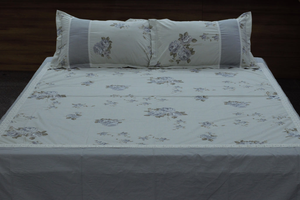 Premium Off-White (Ivory) Floral Cotton Bedspread with 2 Pillow Covers | Grey Floral Print | Lace Border | King Size 98 x 104 Inches