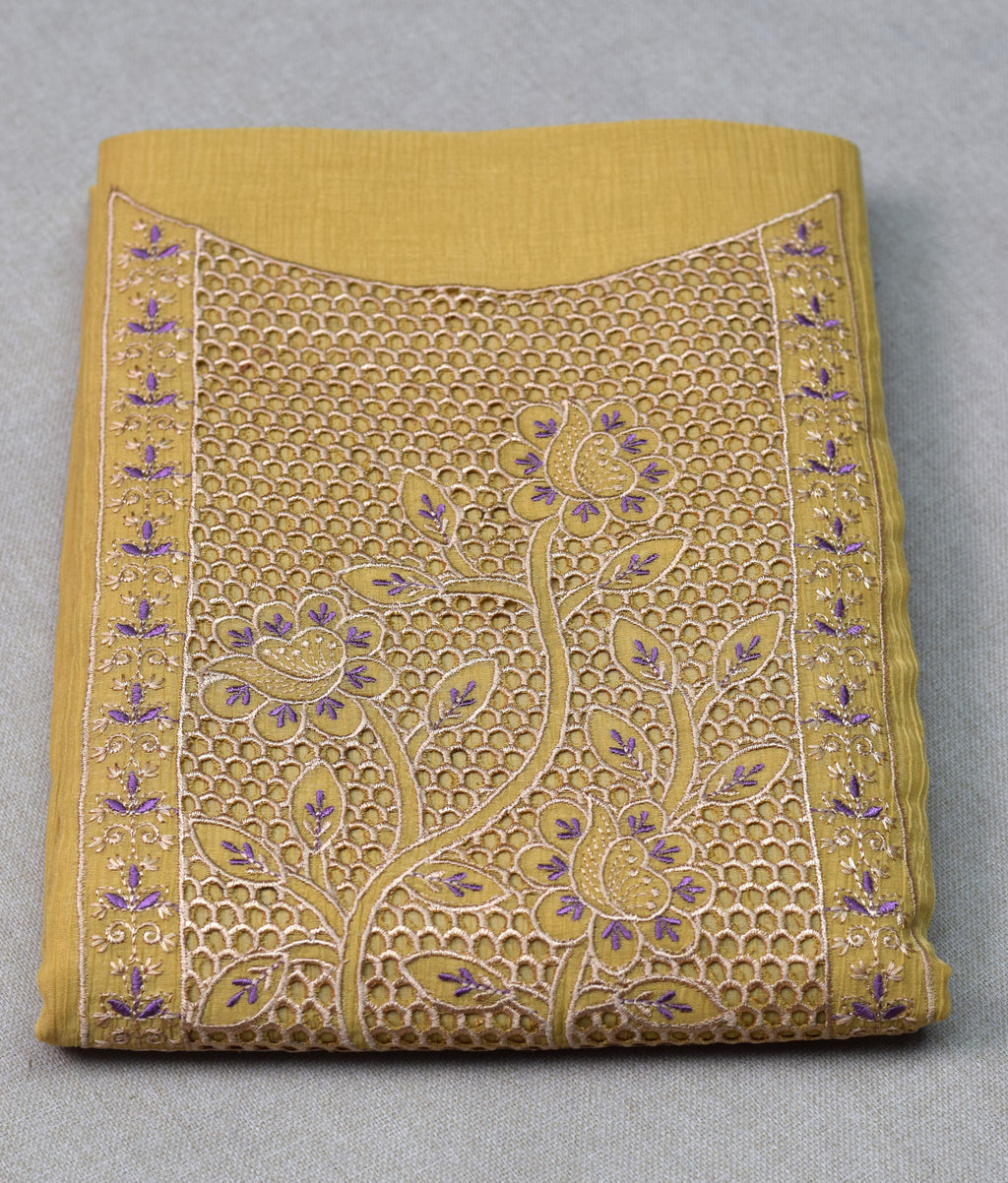 Mustard Yellow Christ Georgette Churidar Dress Material Set with Floral Embroidery