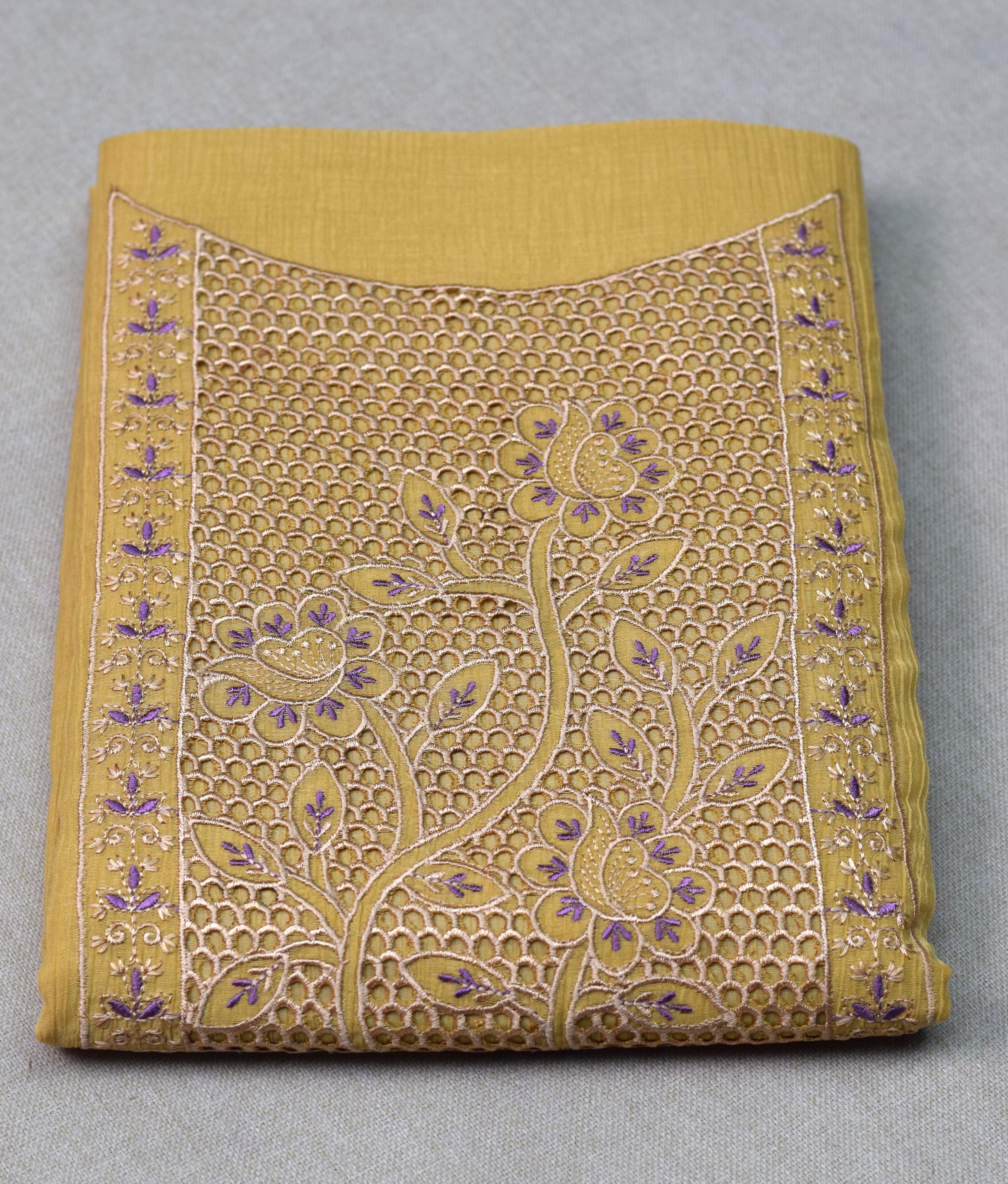 Mustard Yellow Christ Georgette Churidar Dress Material Set with Floral Embroidery