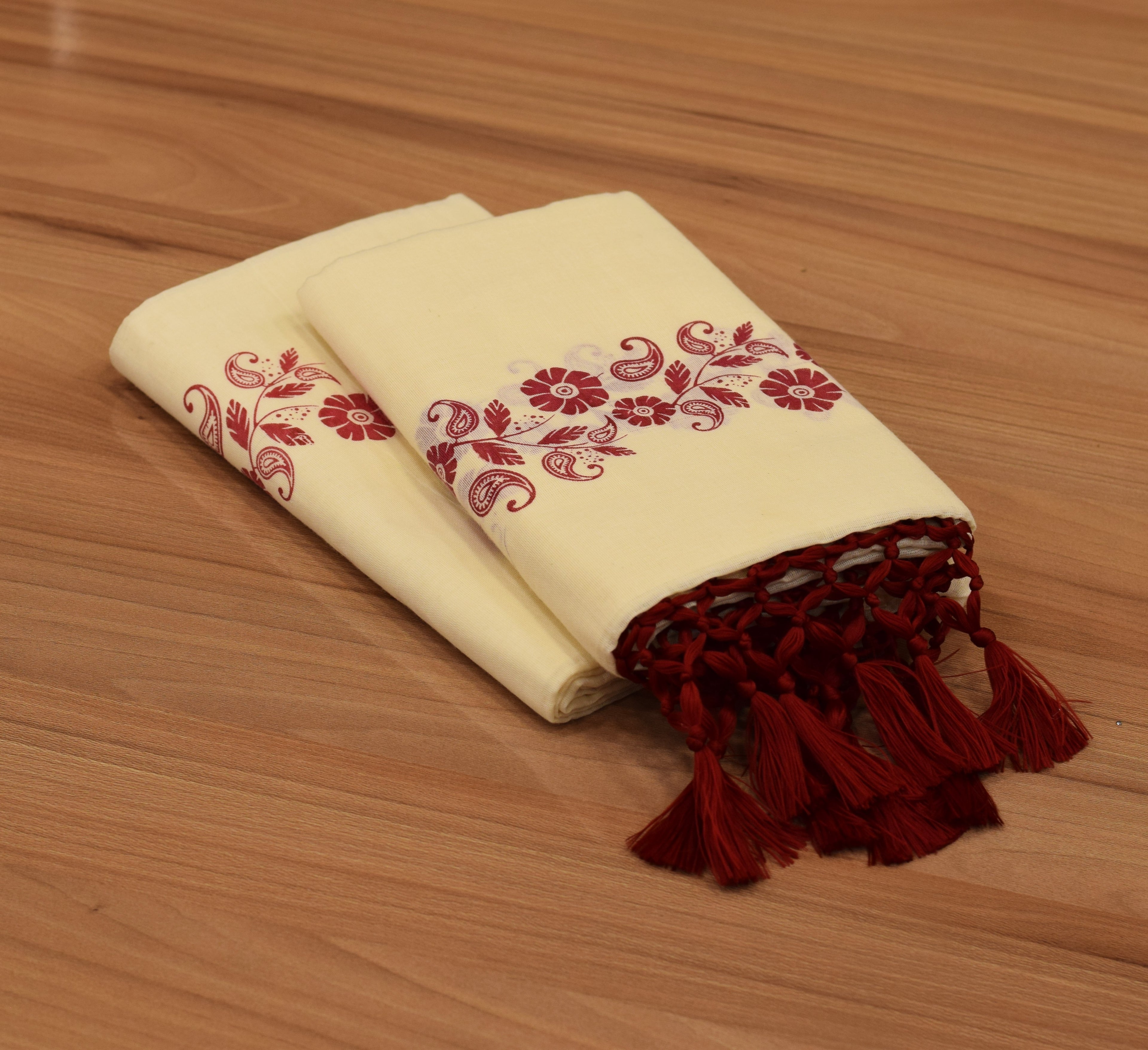 Women's Traditional Kerala Set Mundu with Maroon Floral Print & Tassel Border | Kerala Kasavu Set Mundu | Ethnic Wear for Festivals & Weddings