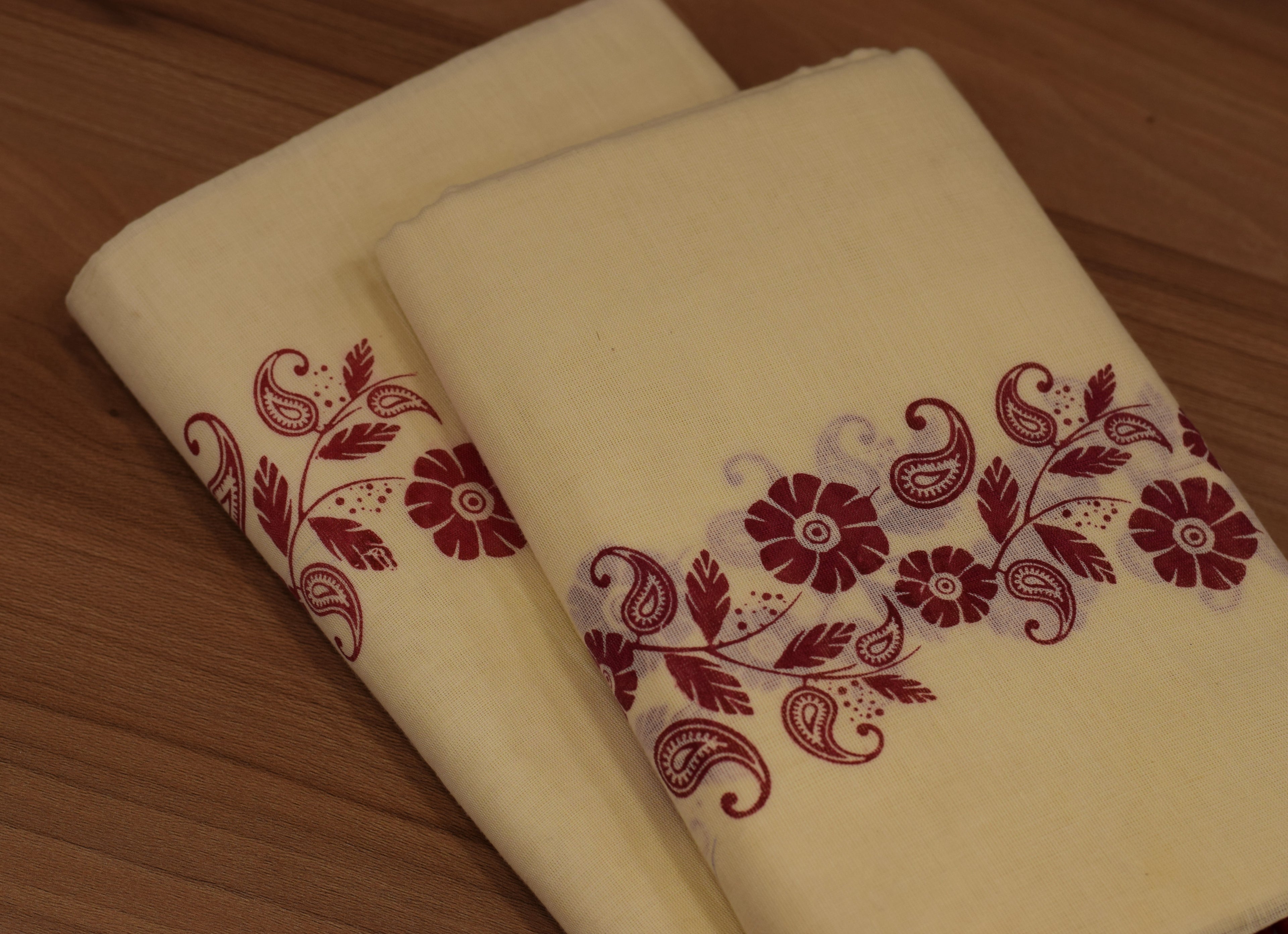 Women's Traditional Kerala Set Mundu with Maroon Floral Print & Tassel Border | Kerala Kasavu Set Mundu | Ethnic Wear for Festivals & Weddings