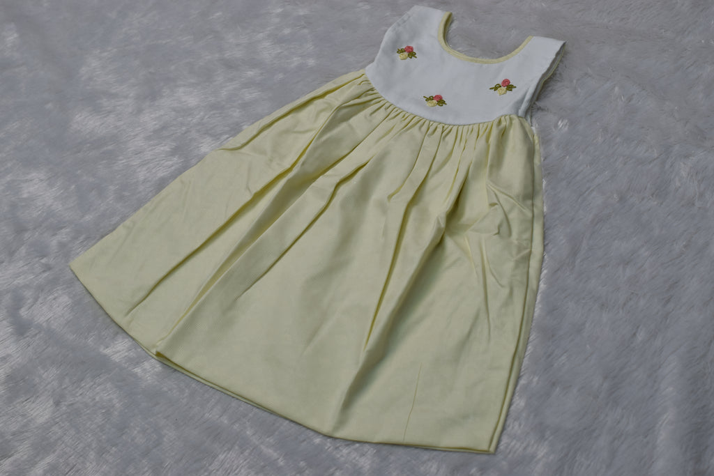 Girls Pastel Yellow Floral Embroidered Party Frock - View 2 - Floral Embroidered - Nushio