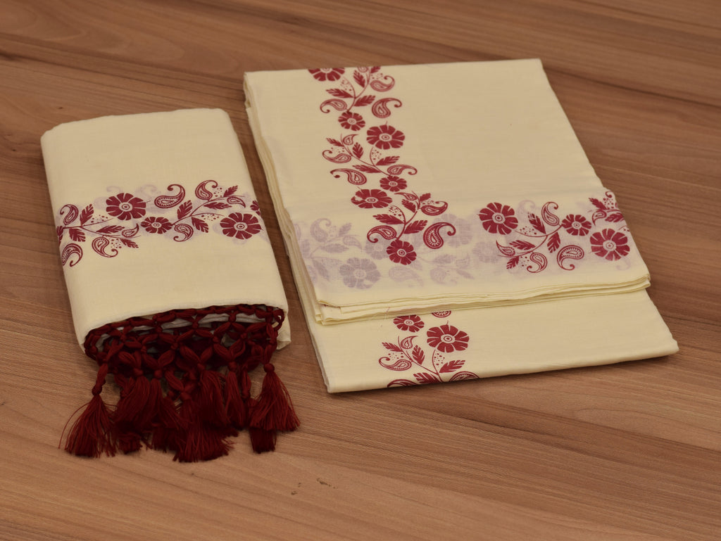 Women's Traditional Kerala Set Mundu with Maroon Floral Print & Tassel Border | Kerala Kasavu Set Mundu | Ethnic Wear for Festivals & Weddings