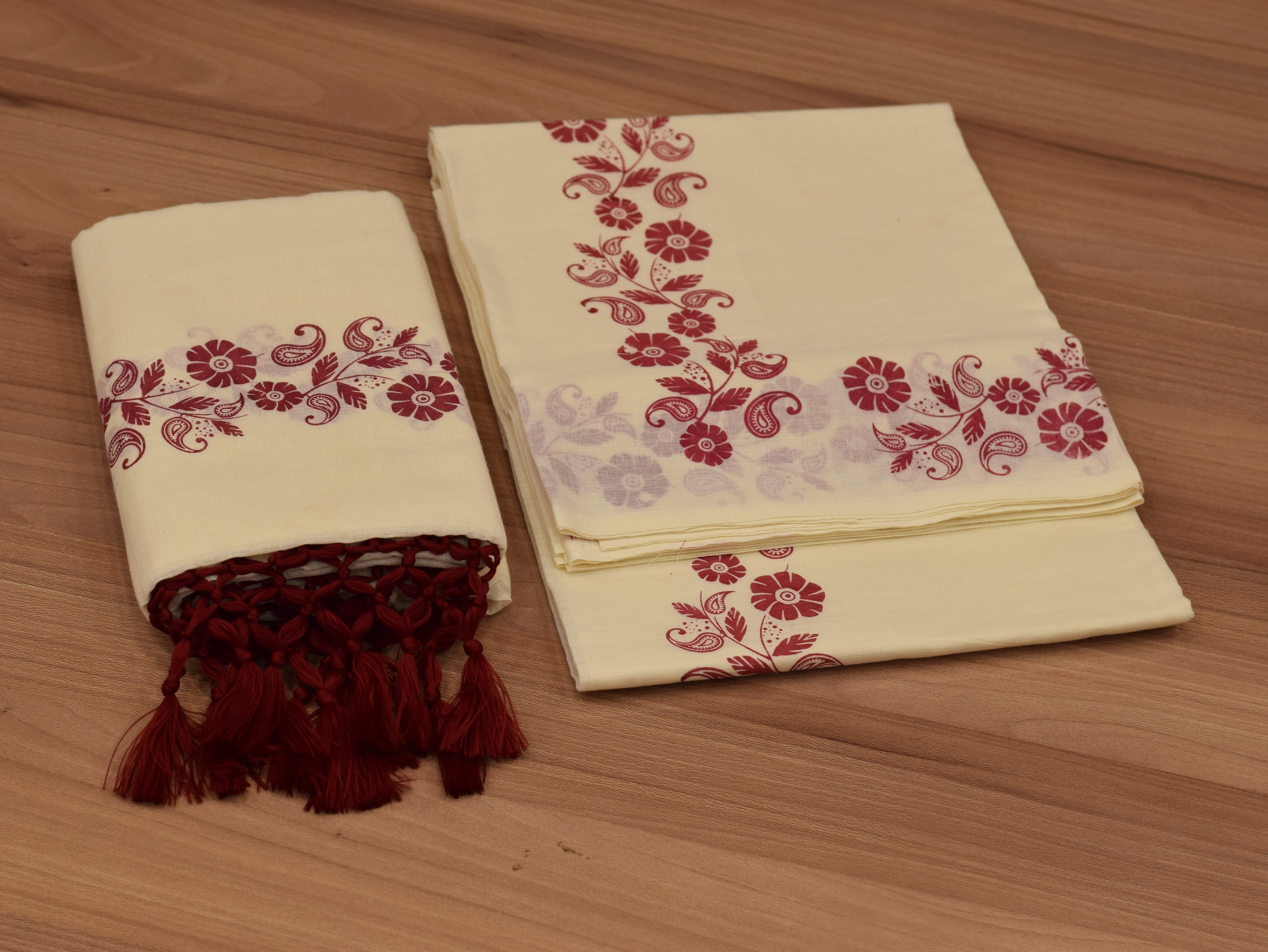 Women's Traditional Kerala Set Mundu with Maroon Floral Print & Tassel Border | Kerala Kasavu Set Mundu | Ethnic Wear for Festivals & Weddings