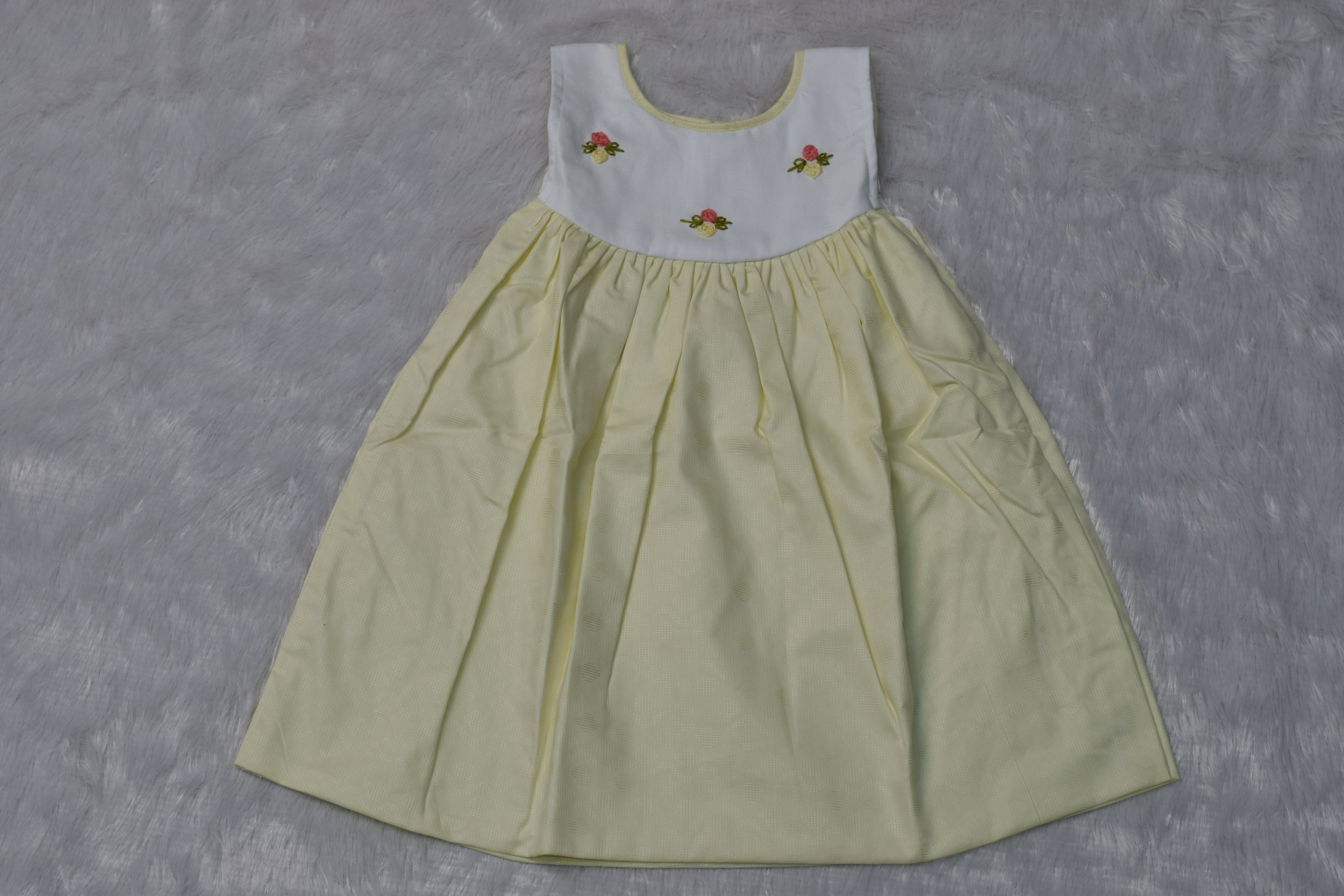 Girls Pastel Yellow Floral Embroidered Party Frock - View 3 - Floral Embroidered - Nushio