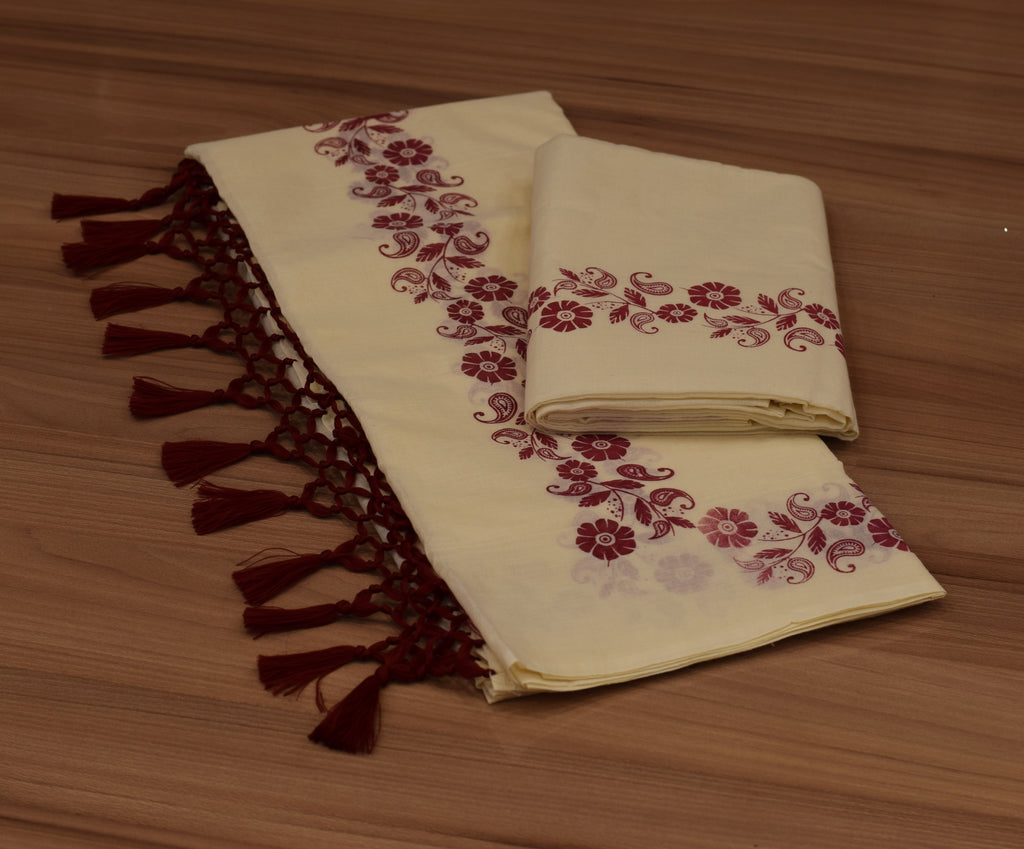 Women's Traditional Kerala Set Mundu with Maroon Floral Print & Tassel Border | Kerala Kasavu Set Mundu | Ethnic Wear for Festivals & Weddings