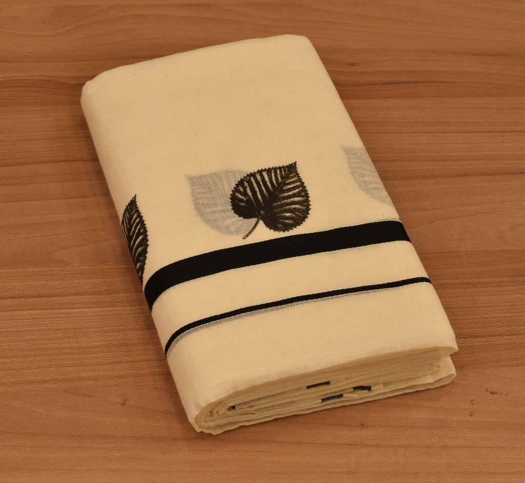 Women's Kerala Set Mundu with Black Leaf Print & Traditional Border | Off-White Cotton Set