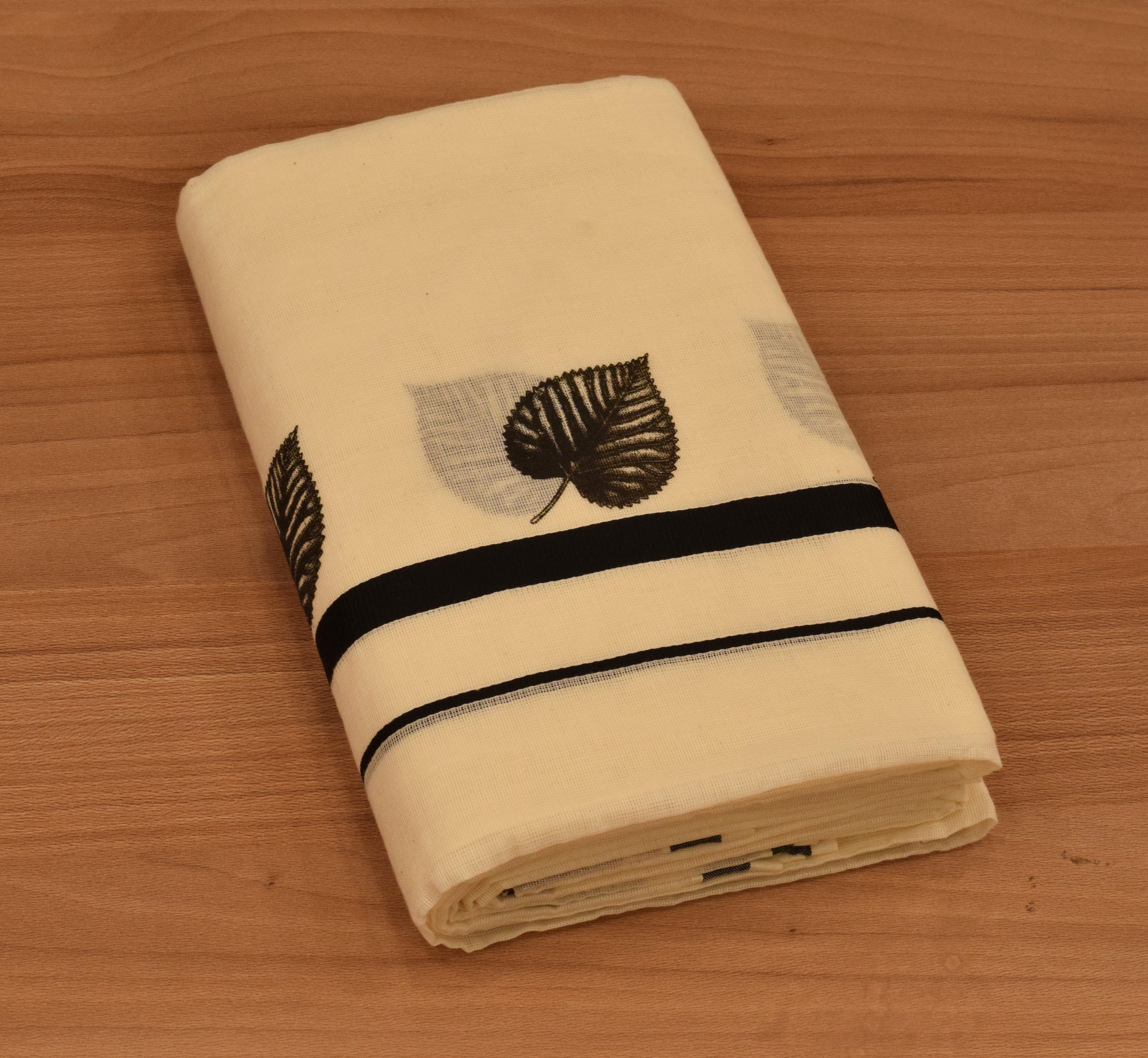 Women's Kerala Set Mundu with Black Leaf Print & Traditional Border | Off-White Cotton Set