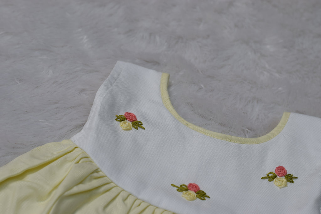 Girls Pastel Yellow Floral Embroidered Party Frock