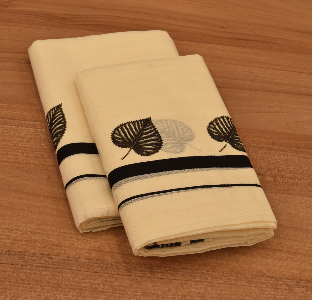 Women's Kerala Set Mundu with Black Leaf Print & Traditional Border | Off-White Cotton Set