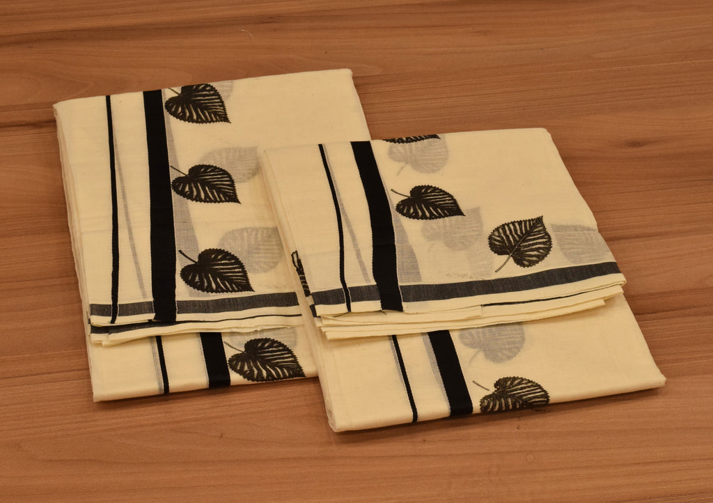Women's Kerala Set Mundu with Black Leaf Print & Traditional Border | Off-White Cotton Set