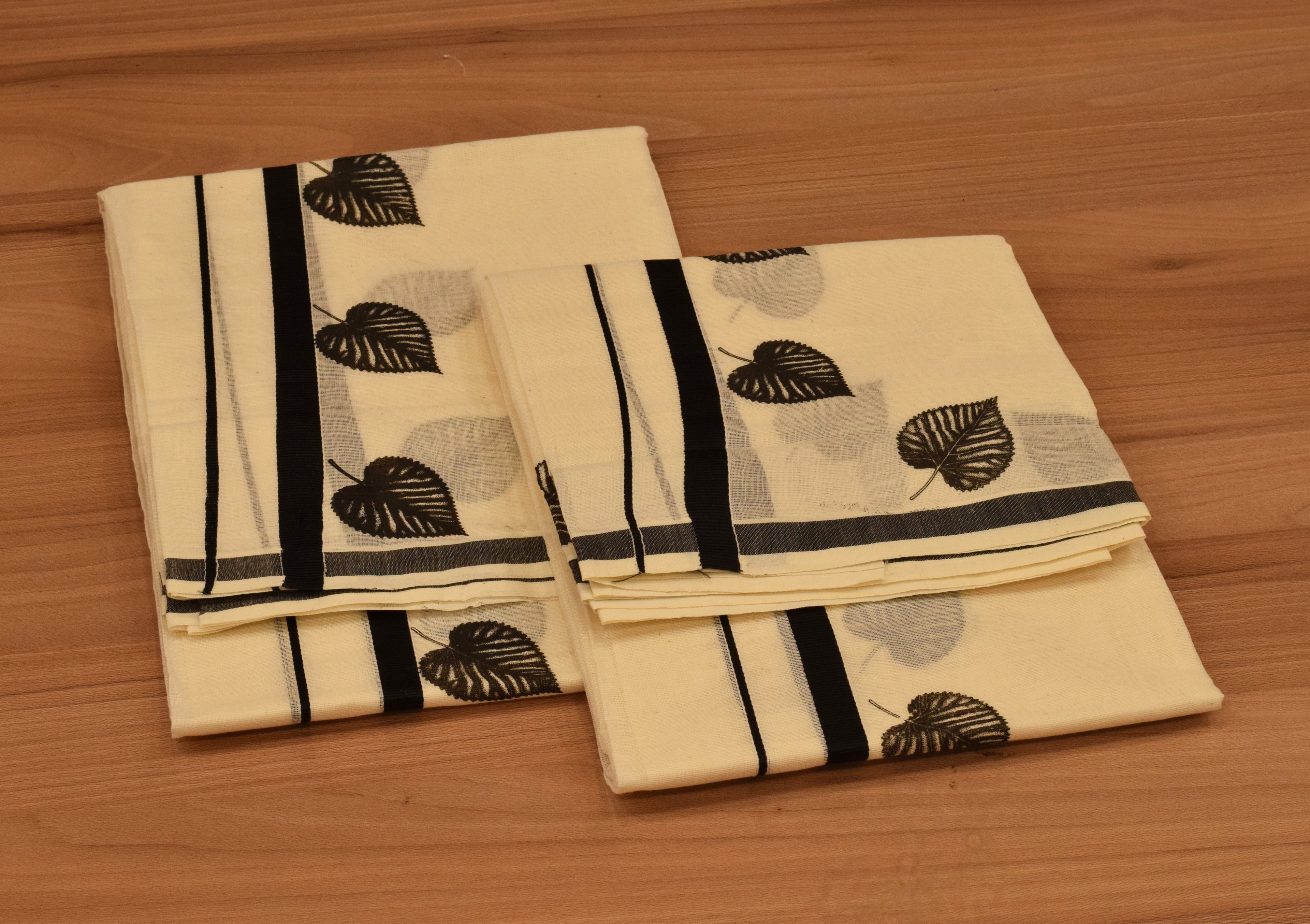 Women's Kerala Set Mundu with Black Leaf Print & Traditional Border | Off-White Cotton Set