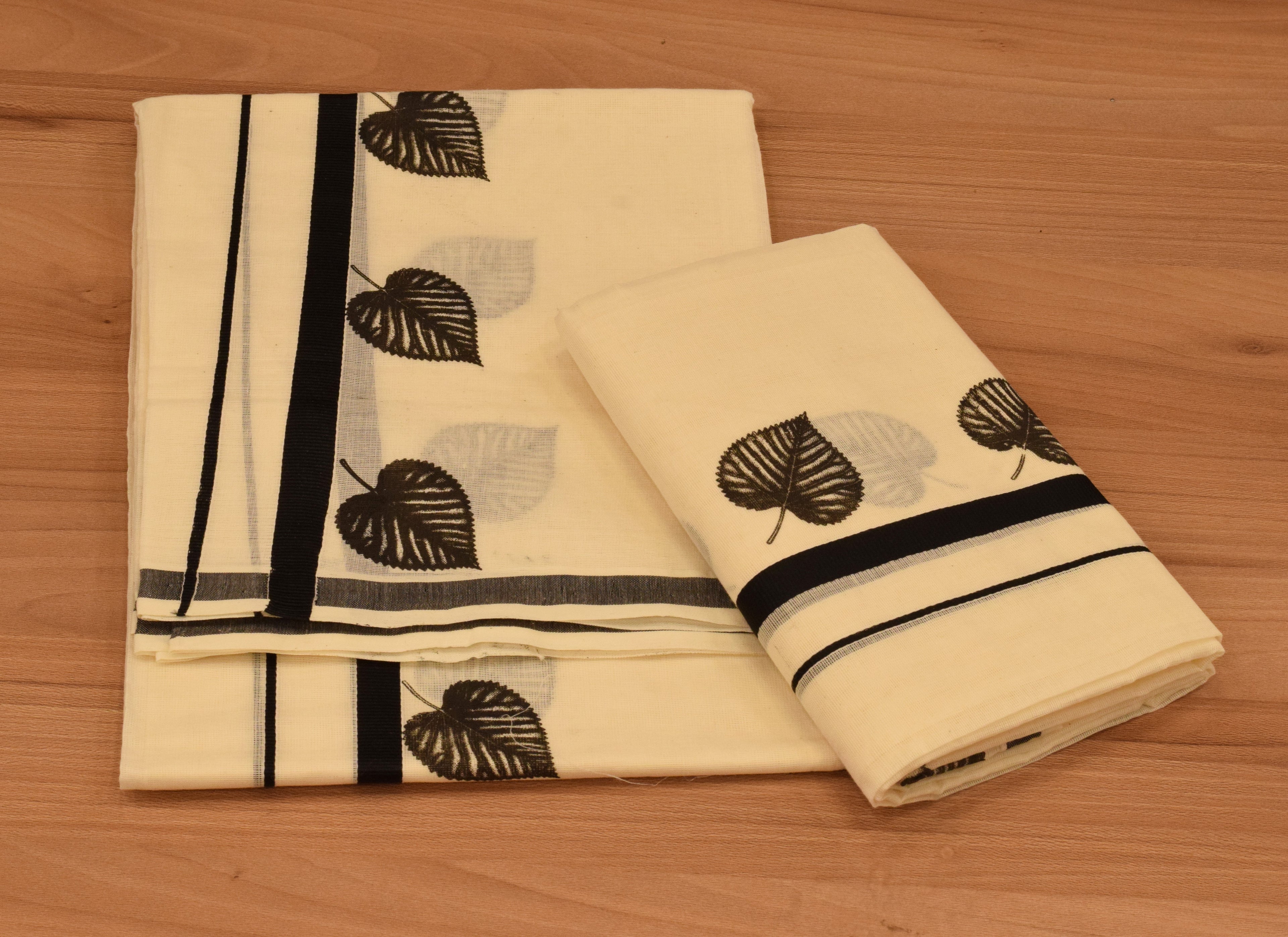 Women's Kerala Set Mundu with Black Leaf Print & Traditional Border | Off-White Cotton Set