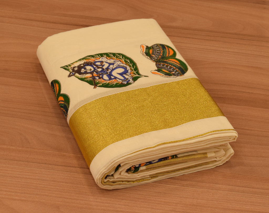 Womens Kerala Set Mundu with Krishna Print & Golden Border | Traditional Off-White Cotton Set