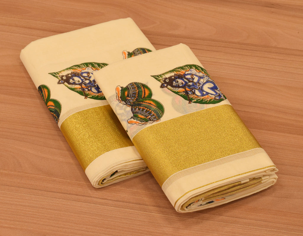 Womens Kerala Set Mundu with Krishna Print & Golden Border | Traditional Off-White Cotton Set