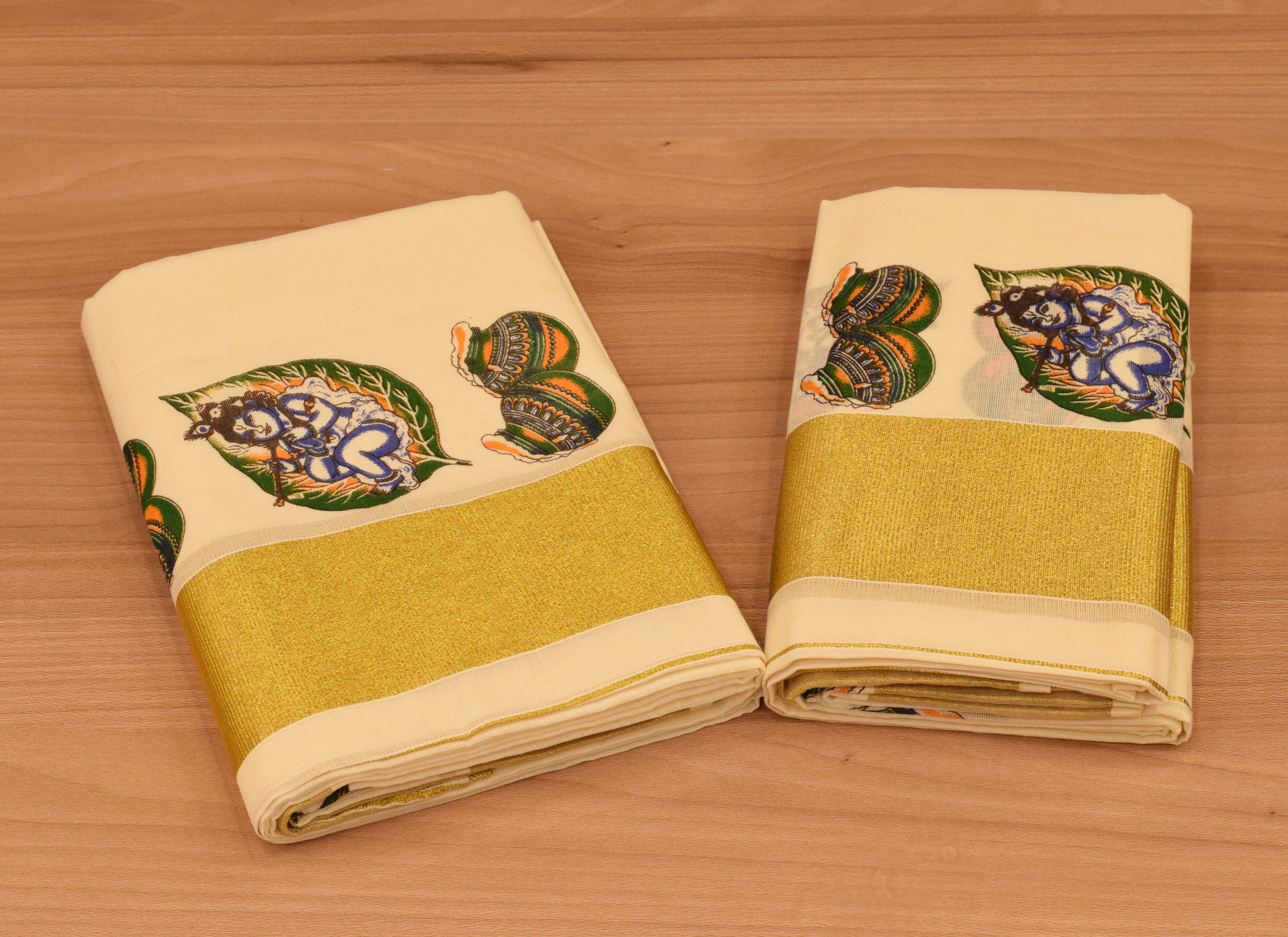 Womens Kerala Set Mundu with Krishna Print & Golden Border | Traditional Off-White Cotton Set