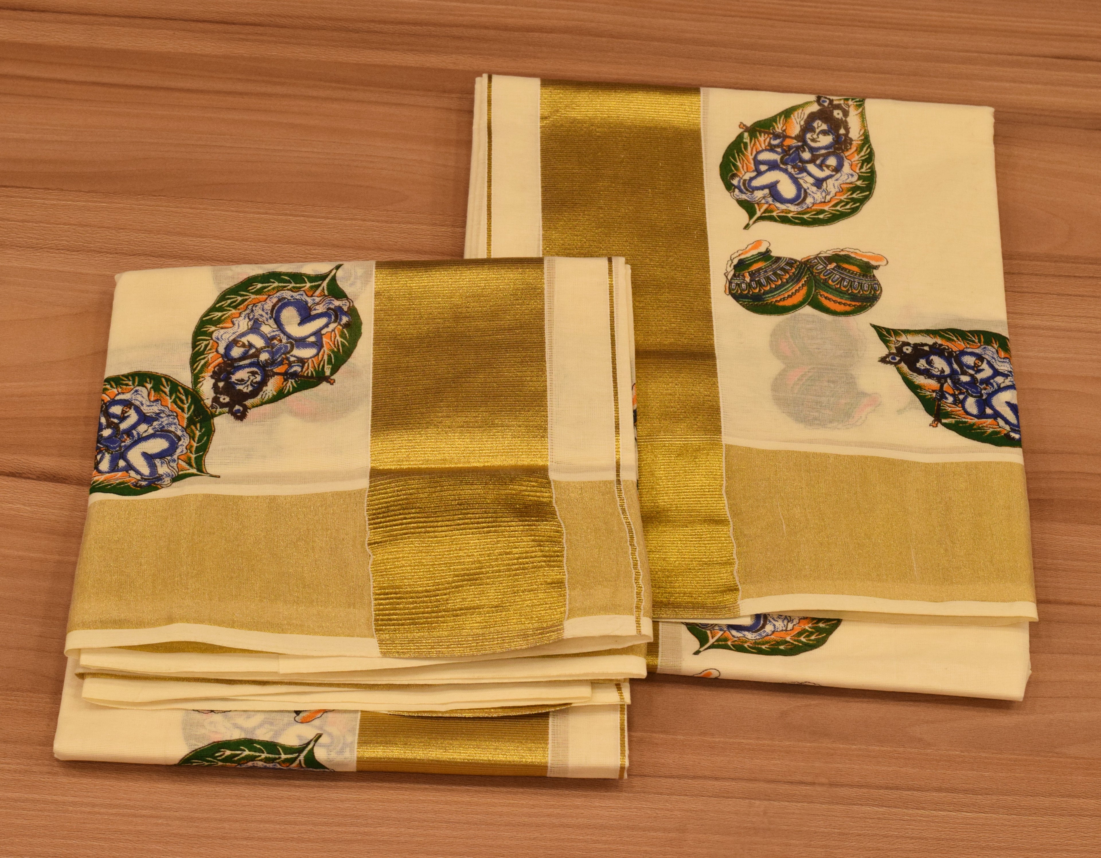 Womens Kerala Set Mundu with Krishna Print & Golden Border | Traditional Off-White Cotton Set