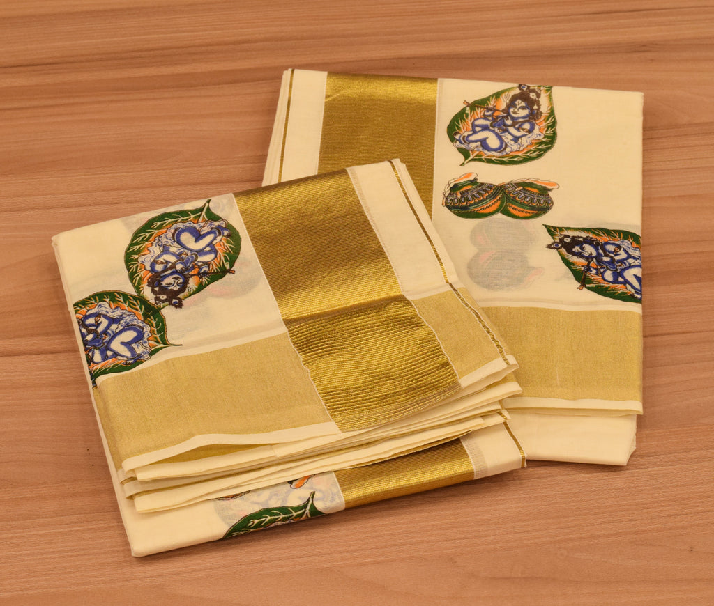 Womens Kerala Set Mundu with Krishna Print & Golden Border | Traditional Off-White Cotton Set