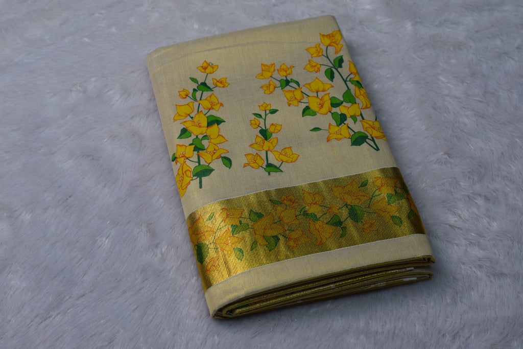 Cream Kasavu Set Saree with Yellow Floral Print & Golden Zari Border | Nushio