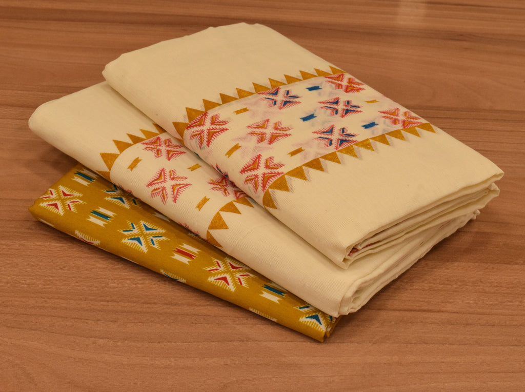 Women's Kerala Set Mundu with Multicolor Traditional Print & Off-White Cotton | 2-Piece Ethnic Set