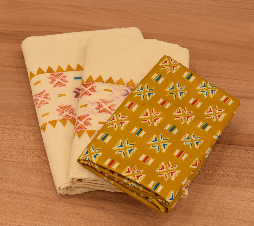 Women's Kerala Set Mundu with Multicolor Traditional Print & Off-White Cotton | 2-Piece Ethnic Set