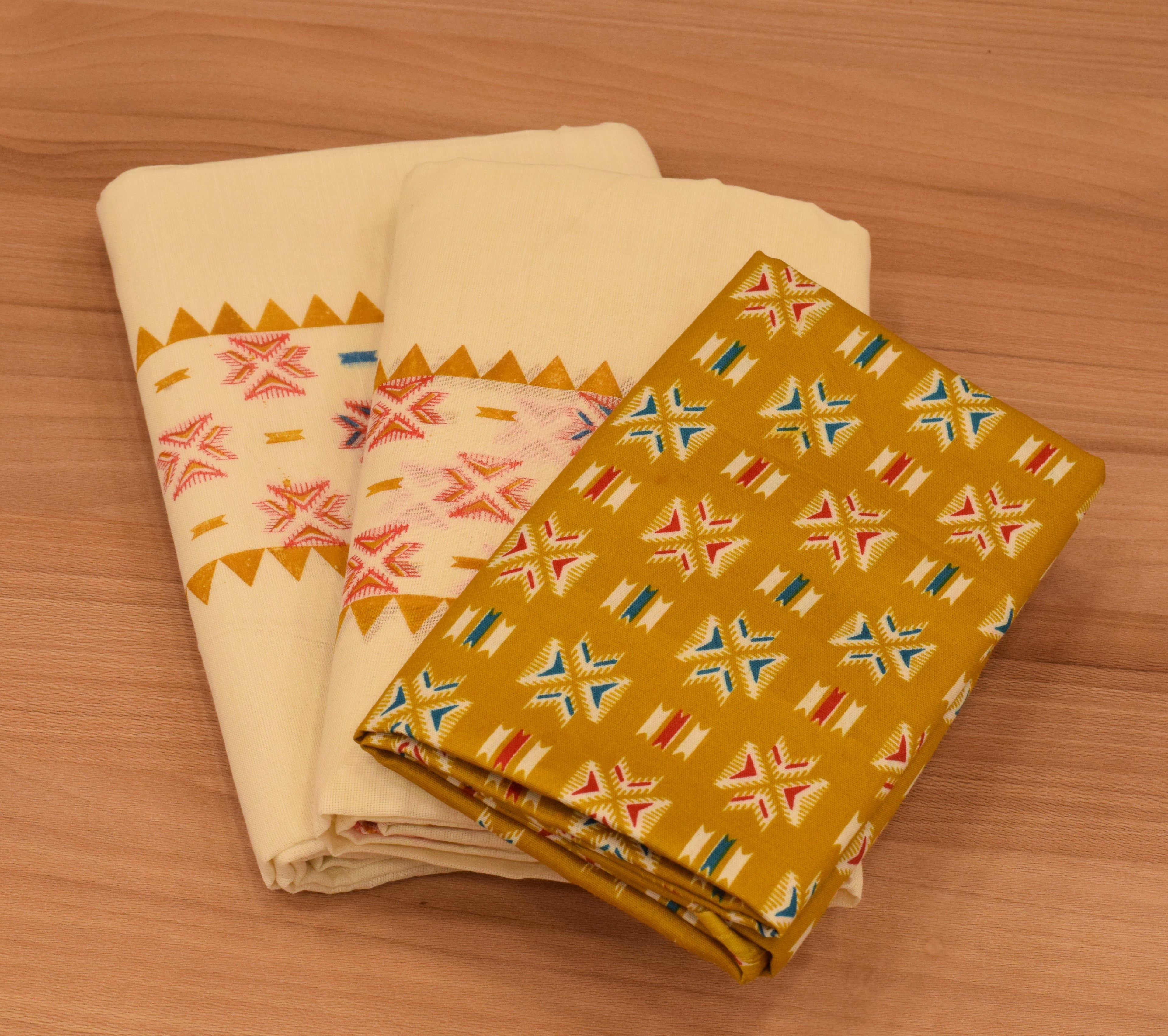 Women's Kerala Set Mundu with Multicolor Traditional Print & Off-White Cotton | 2-Piece Ethnic Set
