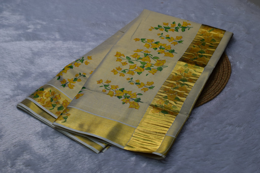 Cream Kasavu Set Saree with Yellow Floral Print & Golden Zari Border | Nushio