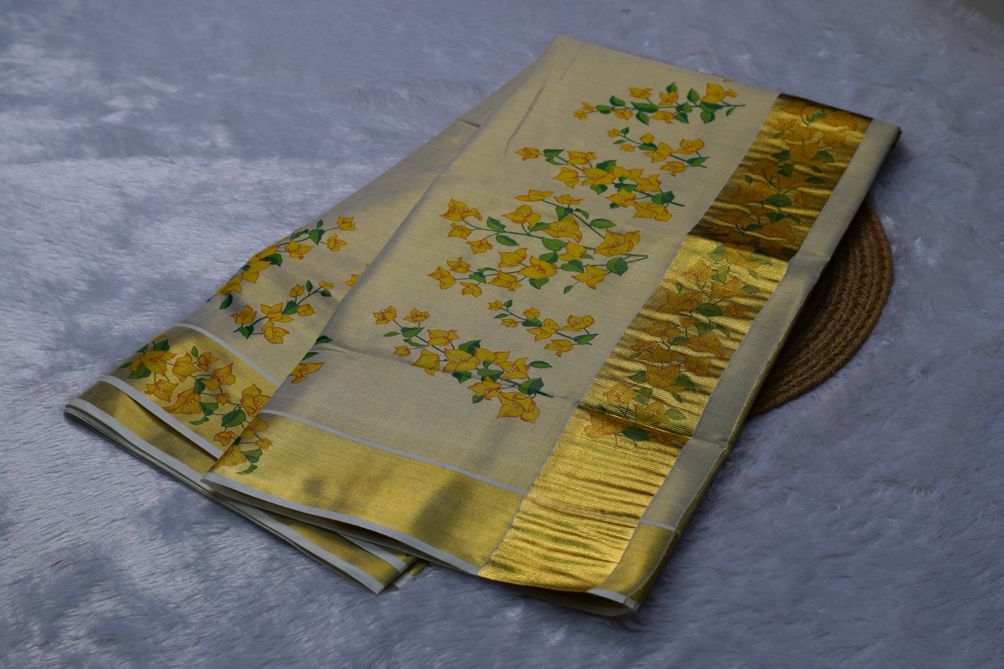 Cream Kasavu Set Saree with Yellow Floral Print & Golden Zari Border | Nushio