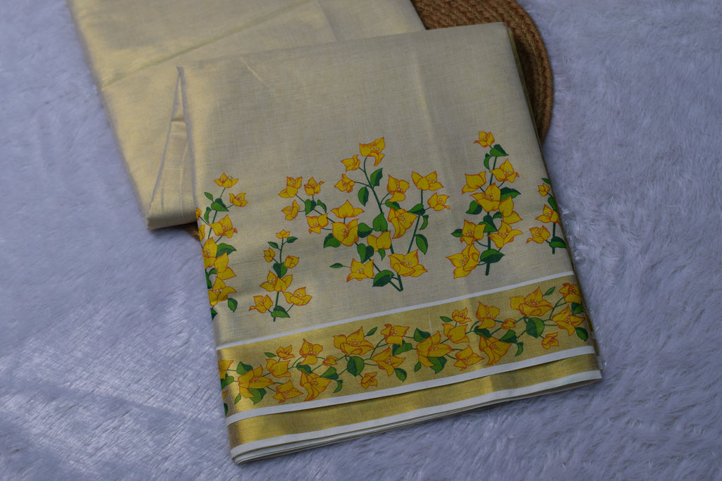 Cream Kasavu Set Saree with Yellow Floral Print & Golden Zari Border | Nushio