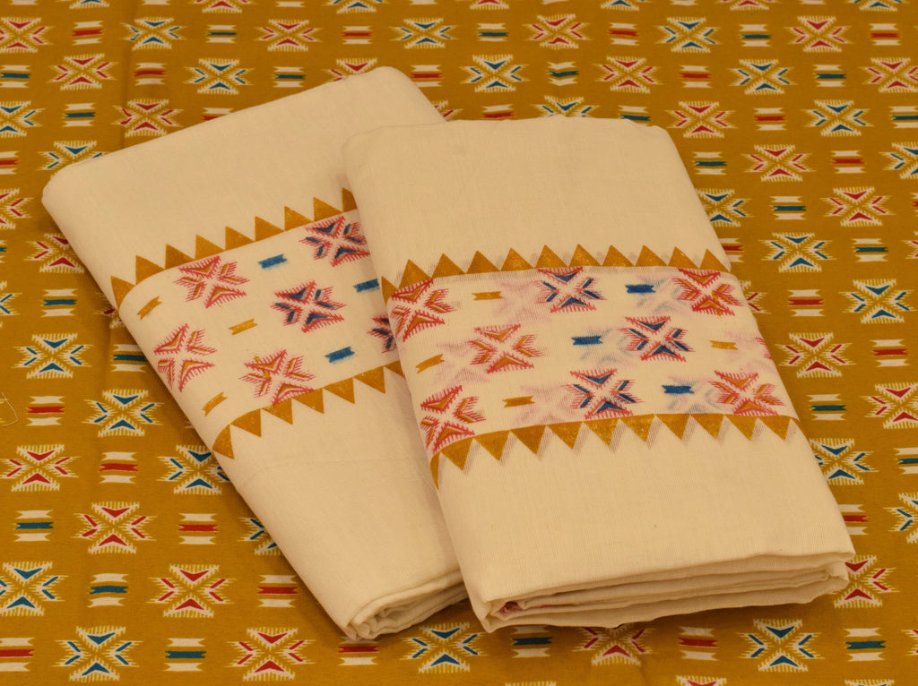 Women's Kerala Set Mundu with Multicolor Traditional Print & Off-White Cotton | 2-Piece Ethnic Set