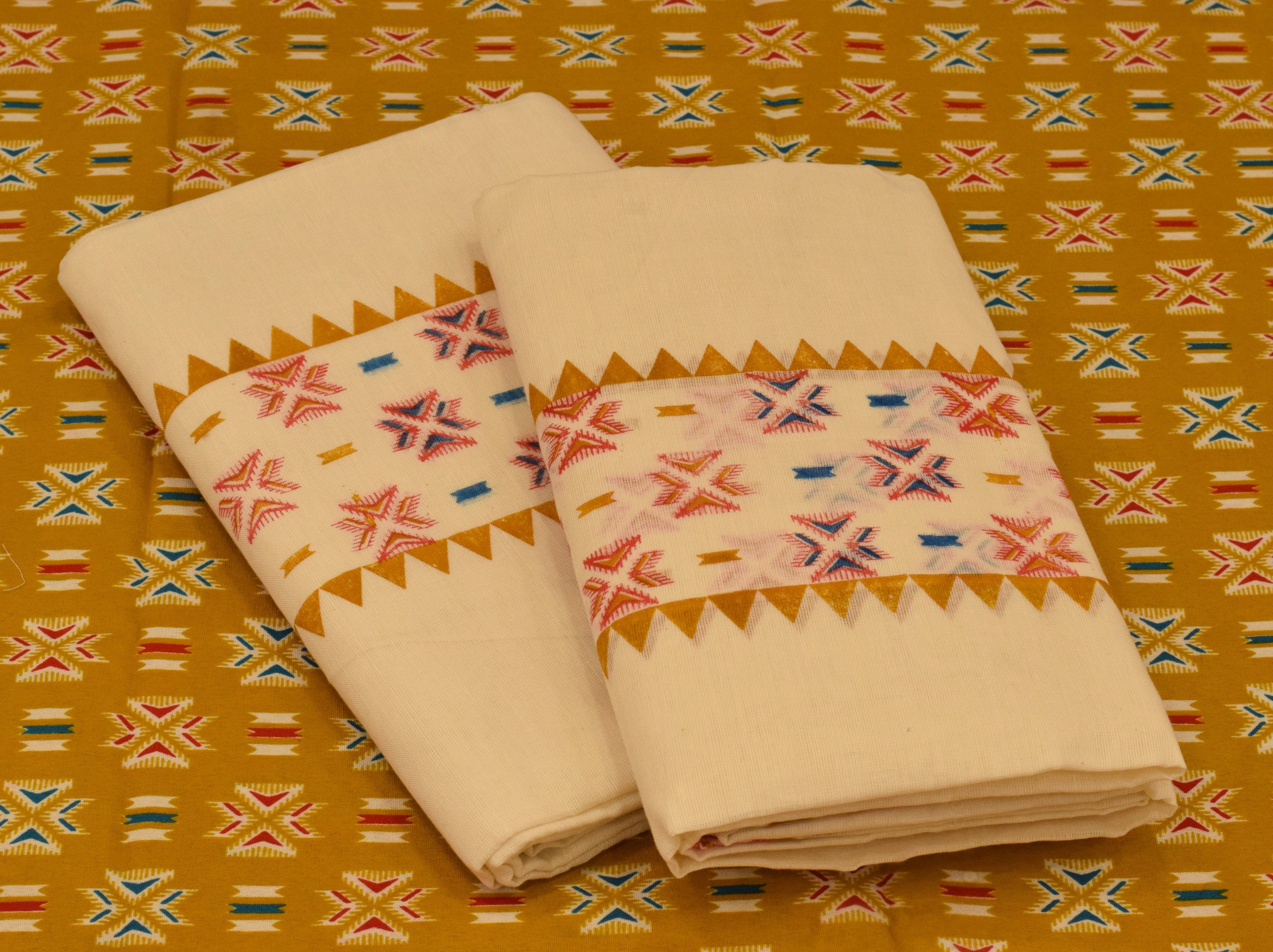 Women's Kerala Set Mundu with Multicolor Traditional Print & Off-White Cotton | 2-Piece Ethnic Set