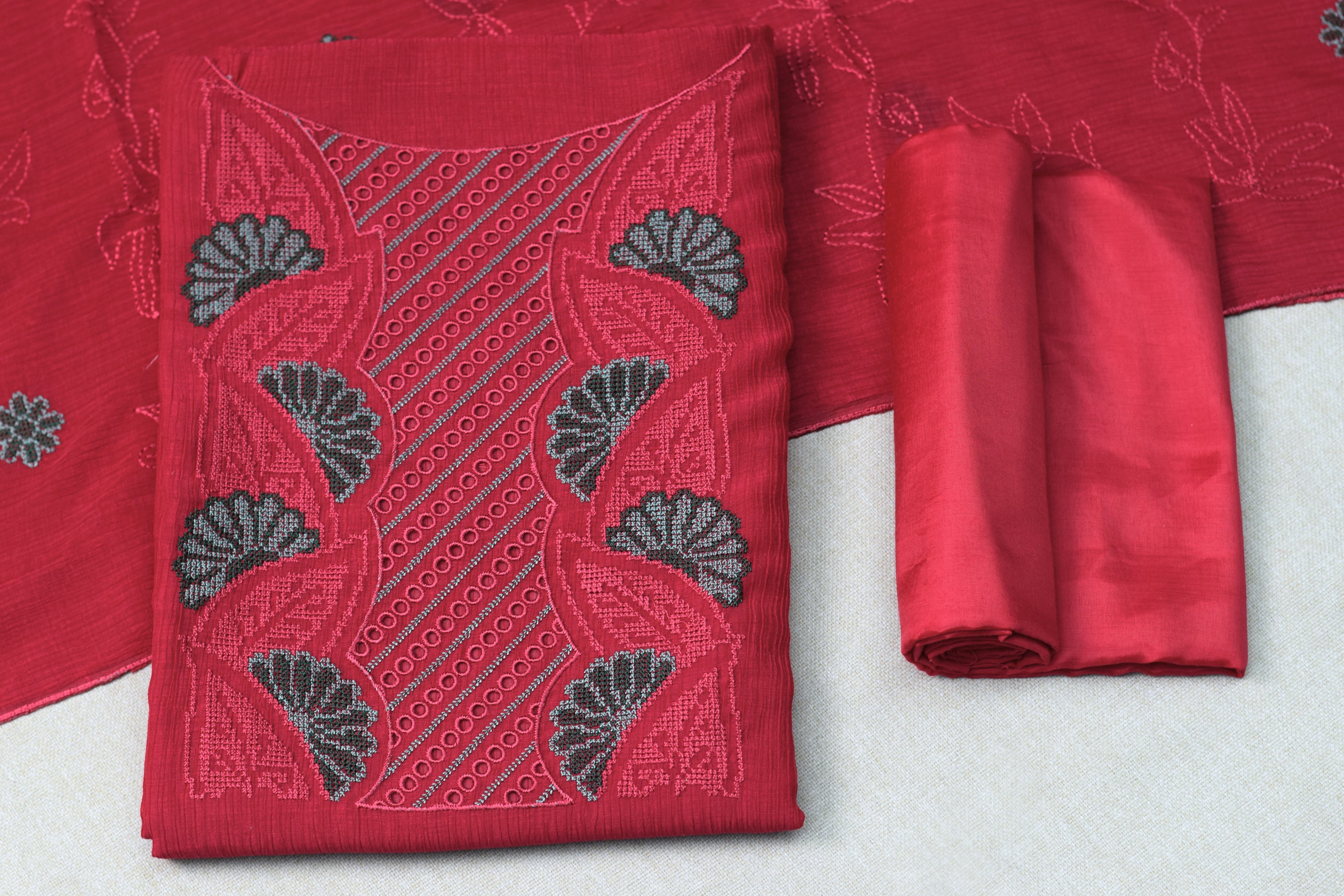 Christ Georgette Embroidered Churidar Material Set for Women – Pink Floral Design Dress Material