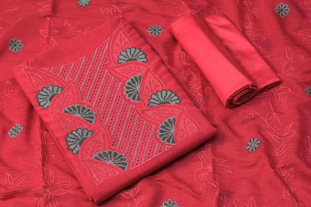 Christ Georgette Embroidered Churidar Material Set for Women – Pink Floral Design Dress Material
