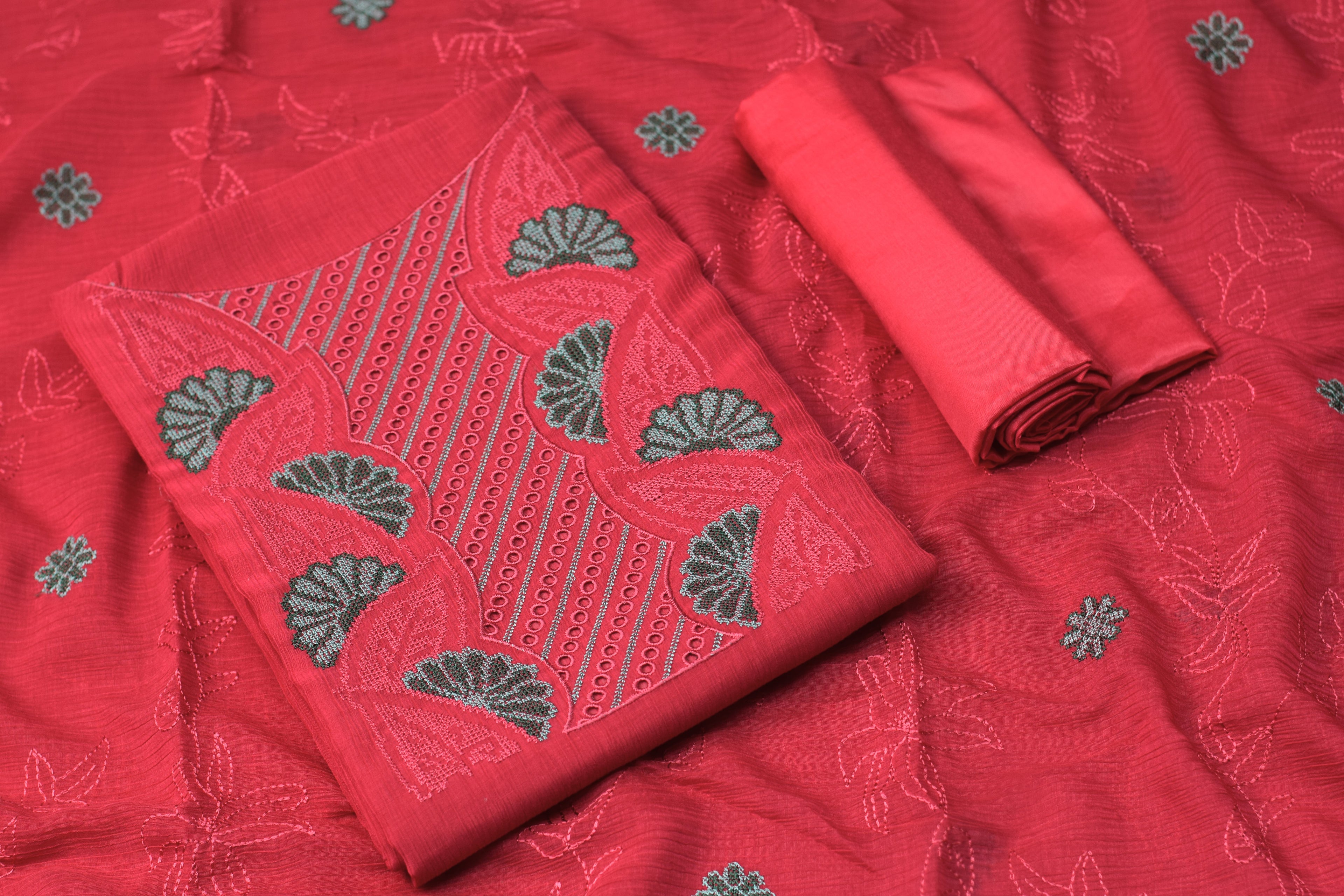 Christ Georgette Embroidered Churidar Material Set for Women – Pink Floral Design Dress Material