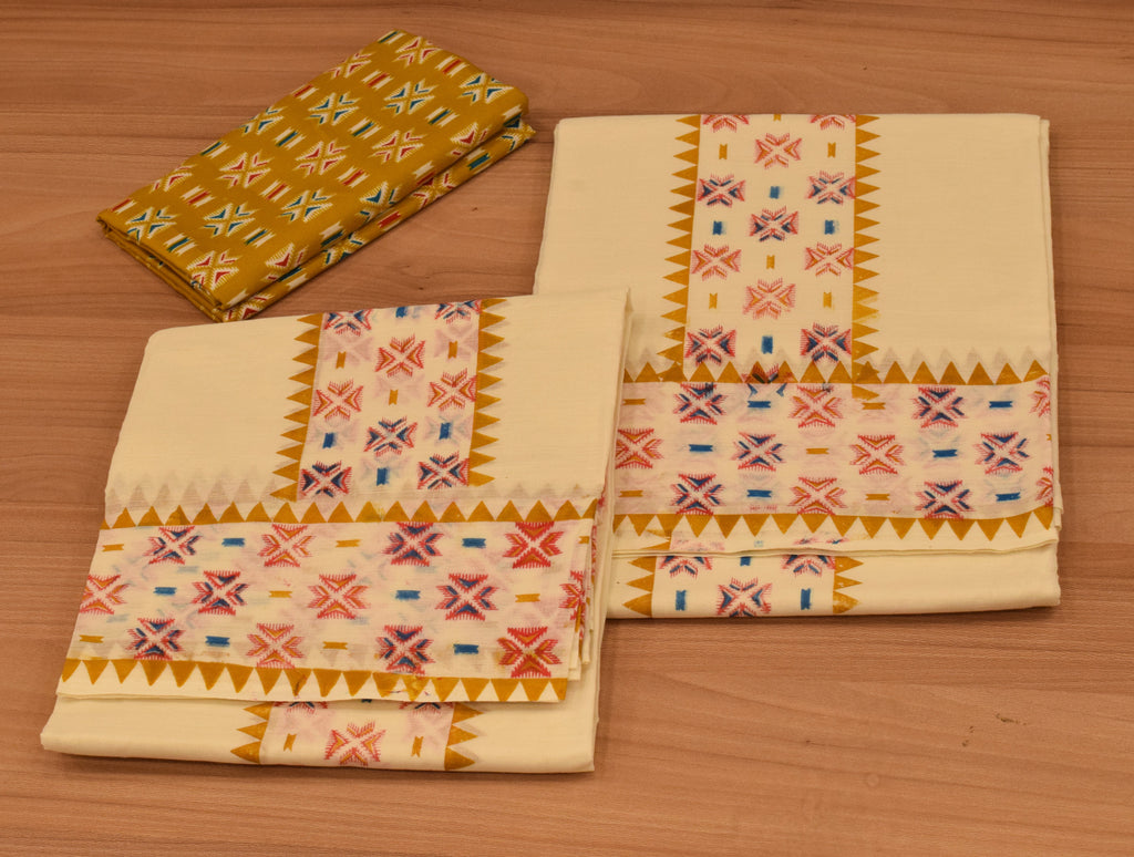 Women's Kerala Set Mundu with Multicolor Traditional Print & Off-White Cotton | 2-Piece Ethnic Set