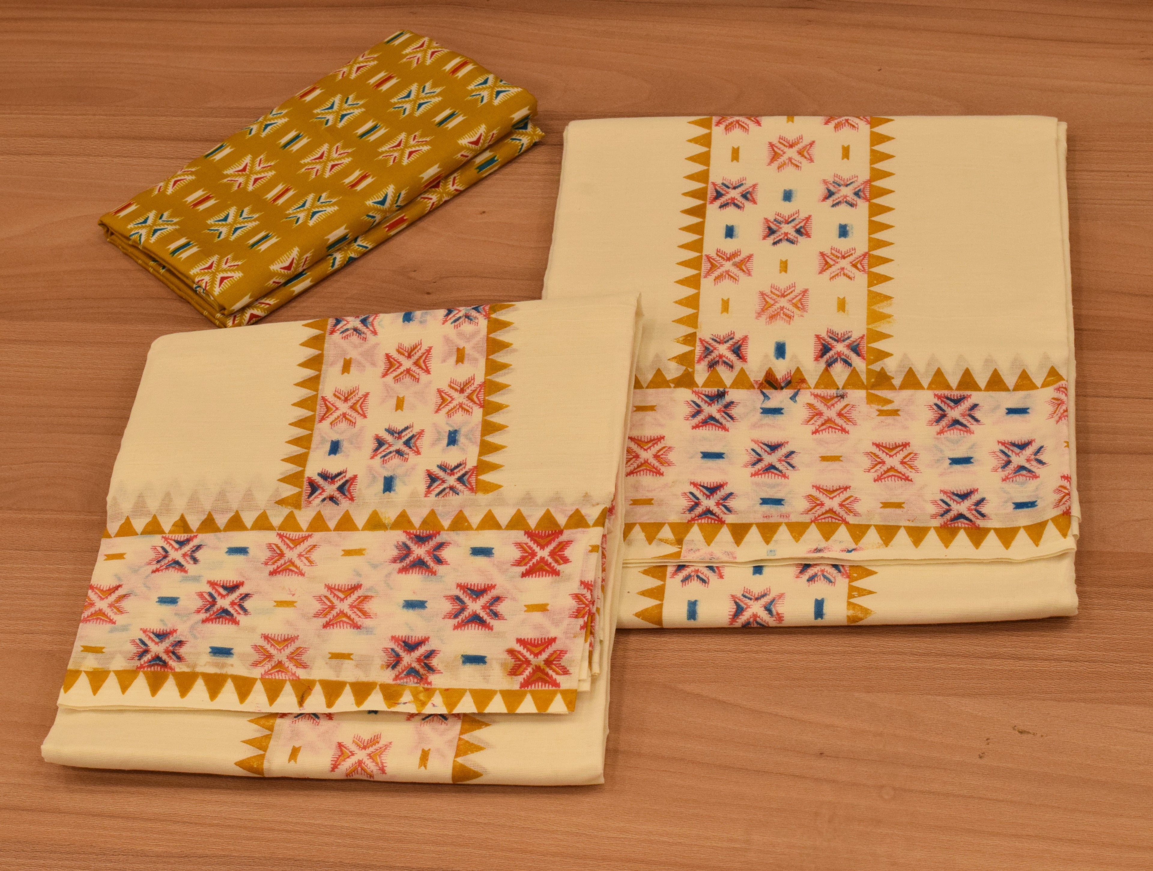 Women's Kerala Set Mundu with Multicolor Traditional Print & Off-White Cotton | 2-Piece Ethnic Set