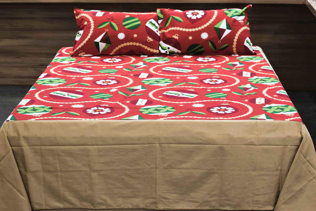 King Size Cotton Bedspread – Red Christmas Print | 100 × 110 Inches