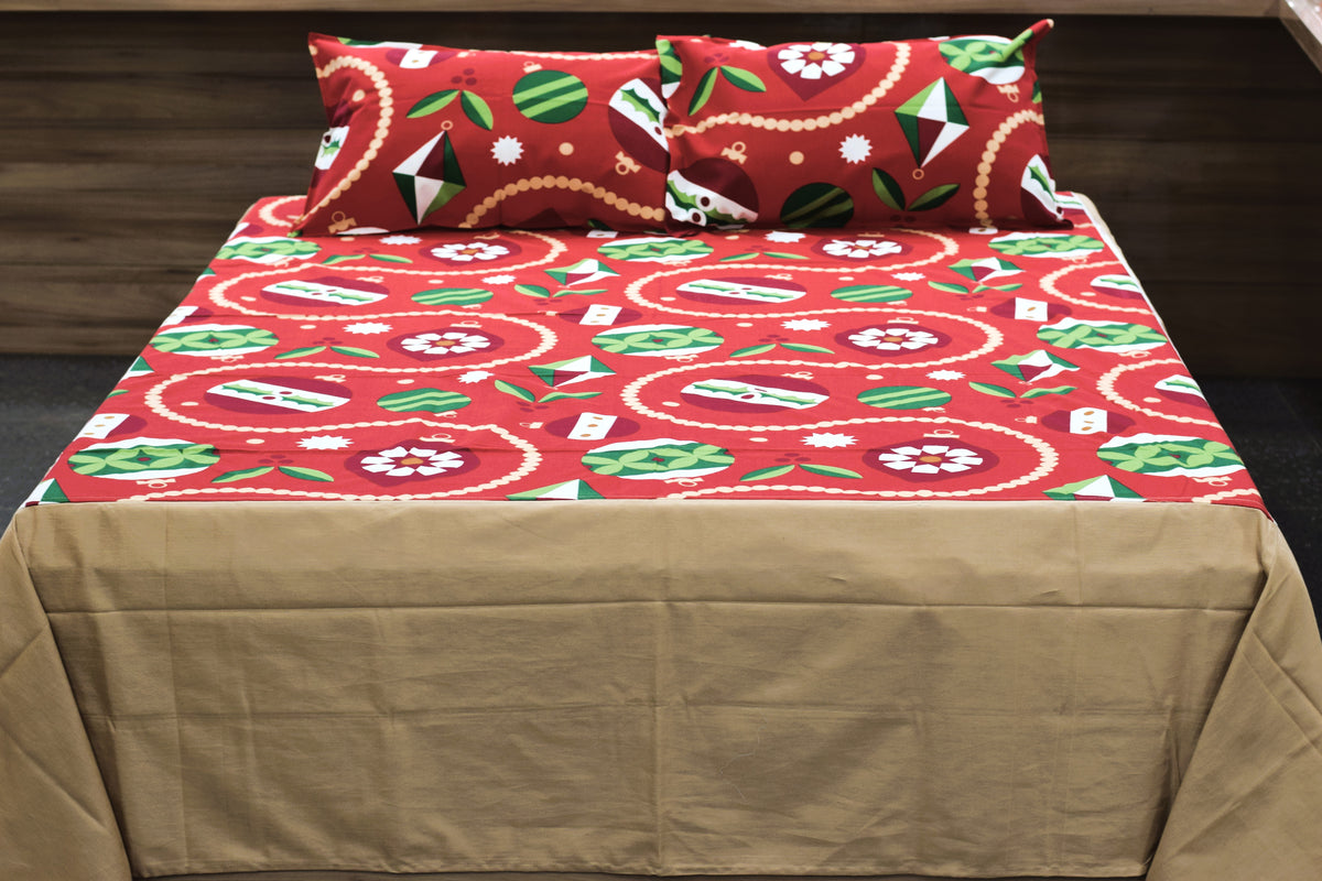 King Size Cotton Bedspread – Red Christmas Print | 100 × 110 Inches
