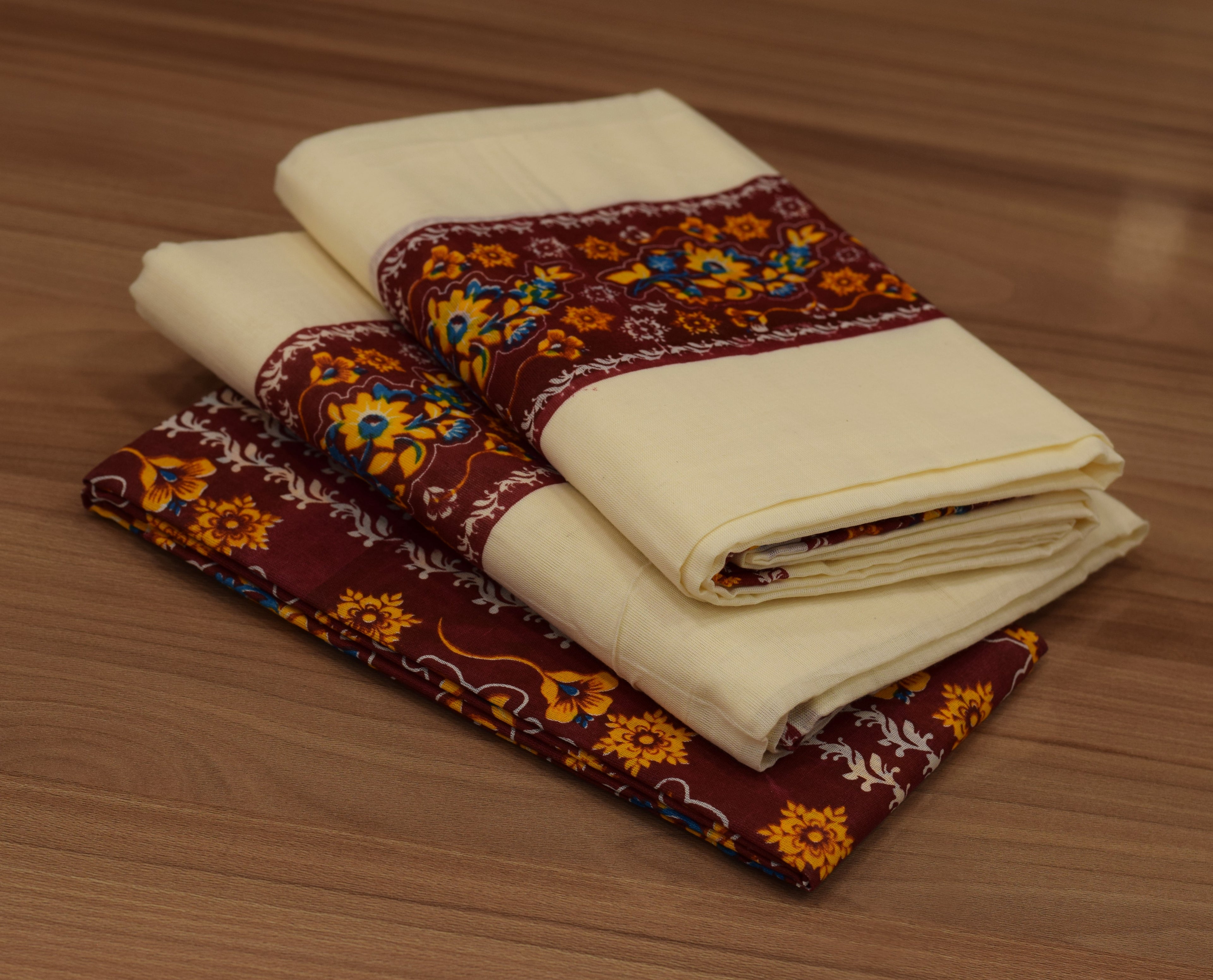 Women's Kerala Set Mundu with Maroon Floral Printed Blouse Piece | Traditional Off-White Cotton 2-Piece set