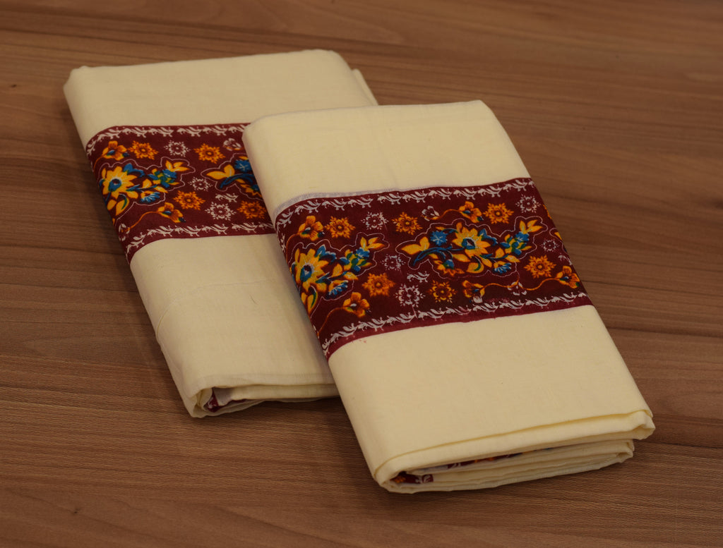 Women's Kerala Set Mundu with Maroon Floral Printed Blouse Piece | Traditional Off-White Cotton 2-Piece set