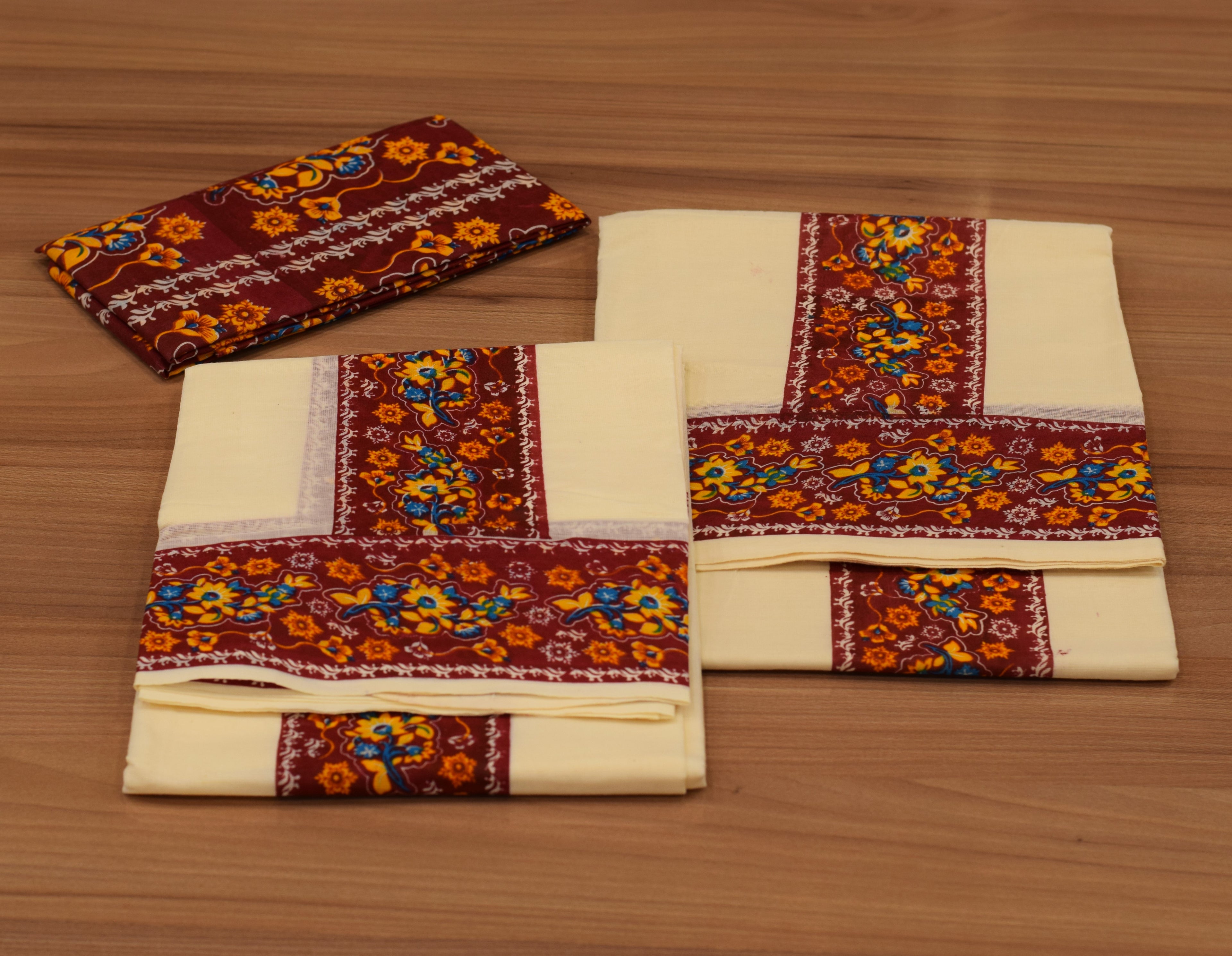 Women's Kerala Set Mundu with Maroon Floral Printed Blouse Piece | Traditional Off-White Cotton 2-Piece set