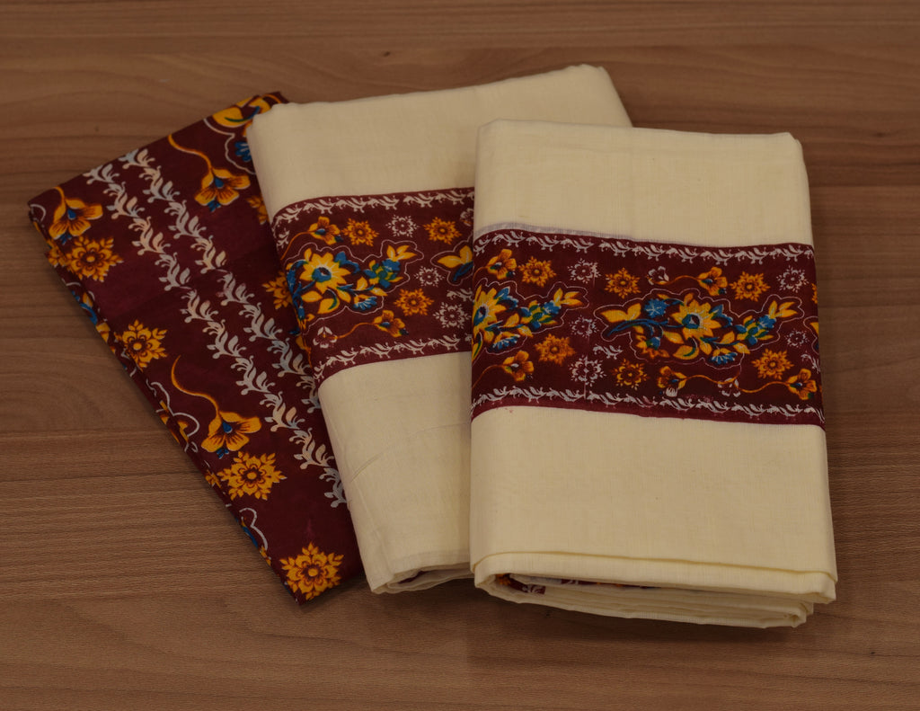 Women's Kerala Set Mundu with Maroon Floral Printed Blouse Piece | Traditional Off-White Cotton 2-Piece set