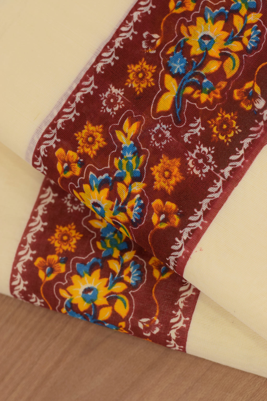 Women's Kerala Set Mundu with Maroon Floral Printed Blouse Piece | Traditional Off-White Cotton 2-Piece set