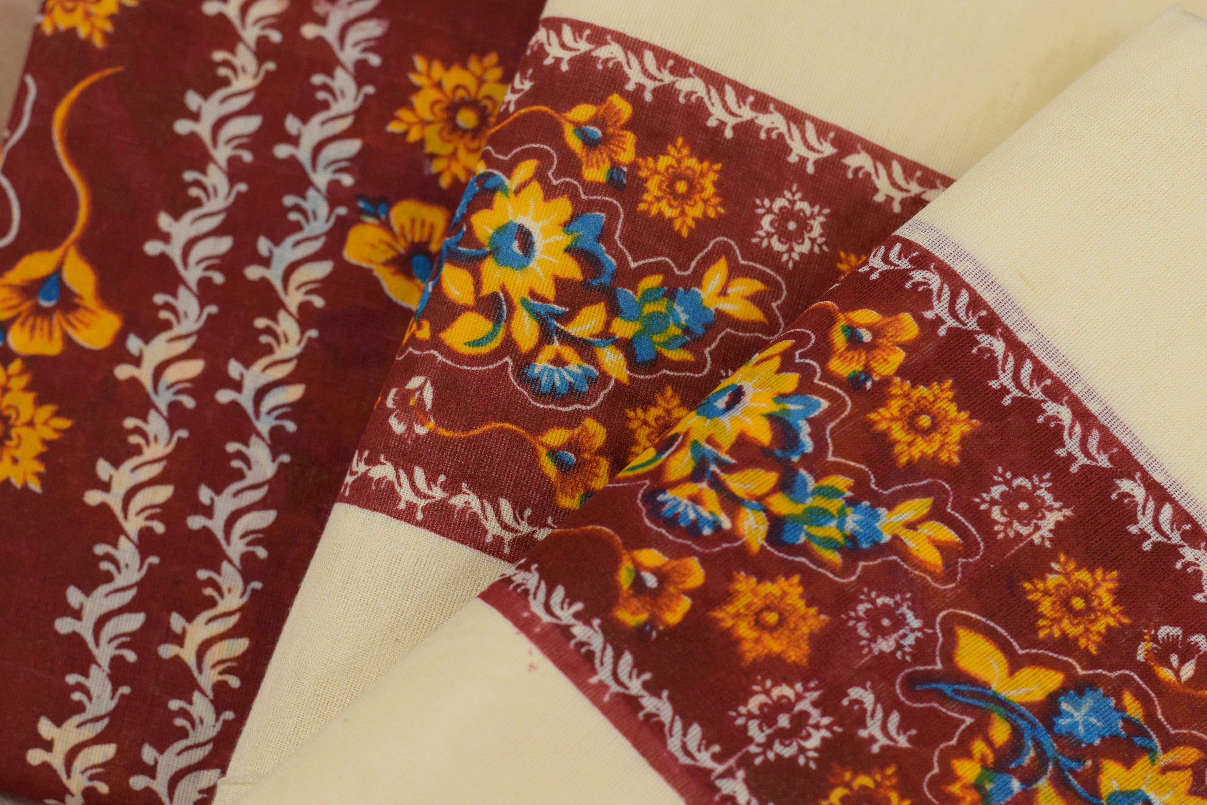 Women's Kerala Set Mundu with Maroon Floral Printed Blouse Piece | Traditional Off-White Cotton 2-Piece set
